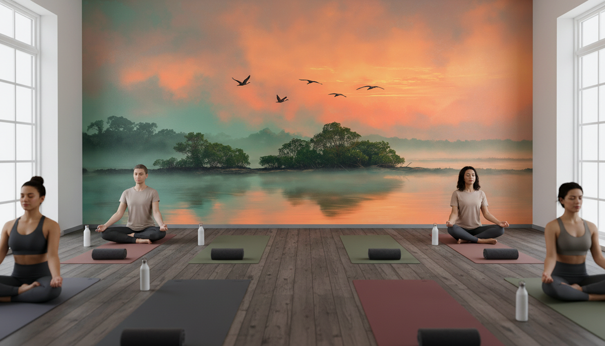 Tropical Mangrove Sunrise Wall Mural | Birds Over Calm Water, Coral Teal Landscape, Peel and Stick Mural for Living Room Bedroom Decor
