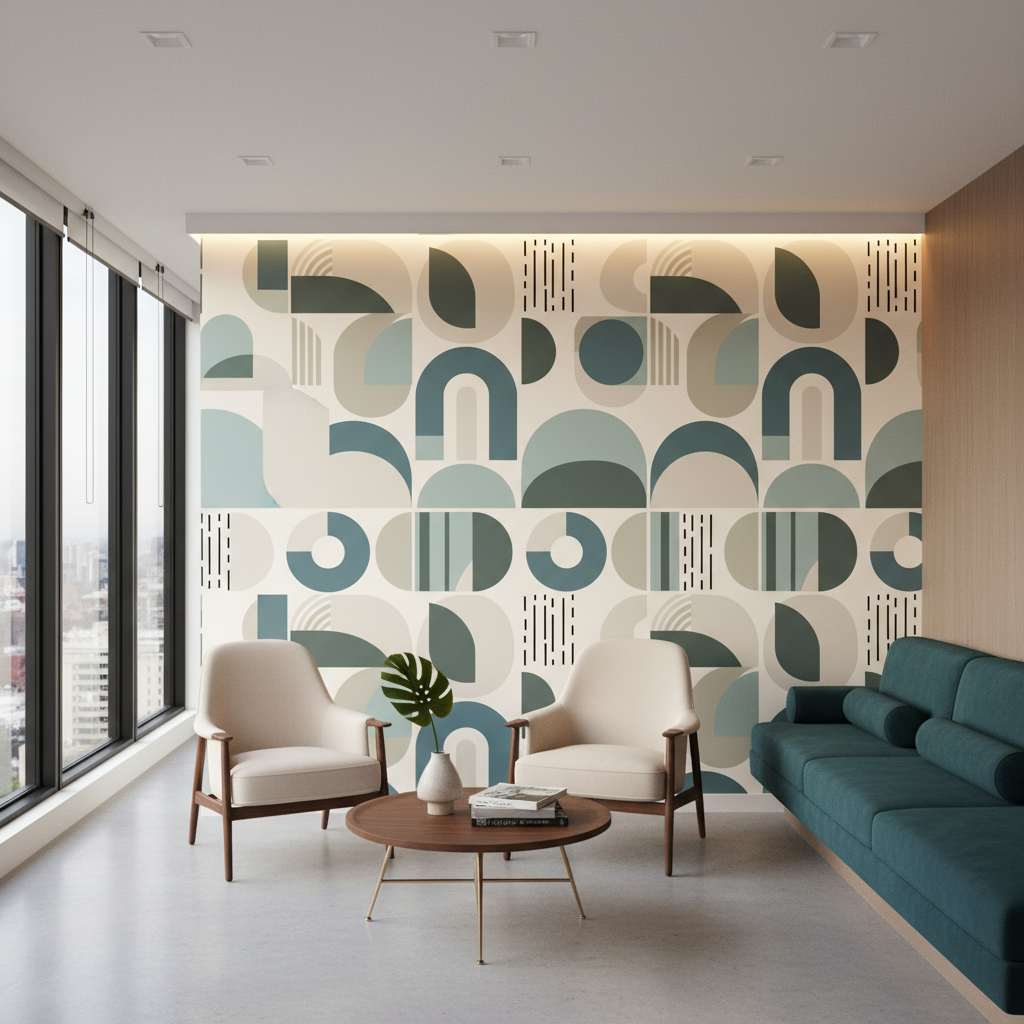 Scandinavian Geometric Wallpaper | Soft Blue Taupe Arches and Circles, Mid Century Peel and Stick Wallpaper, Minimalist Bedroom Decor
