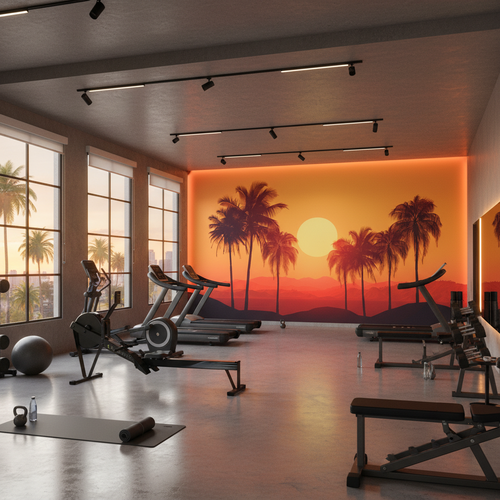 Tropical Sunset Palm Wall Mural | Retro 1960s Beach Landscape, Orange Red Palm Trees Peel and Stick Mural, Mid Century Bedroom Decor