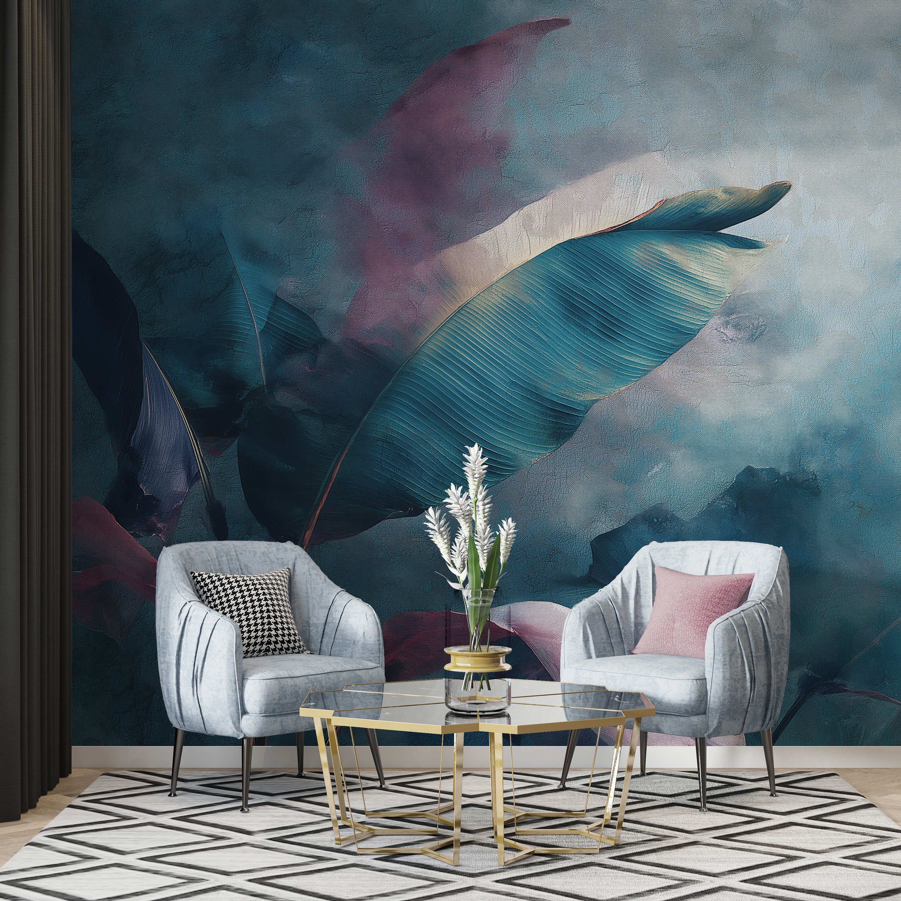 Abstract tropical leaves mural in teal and purple watercolor style, lush large leaves on a feature wall