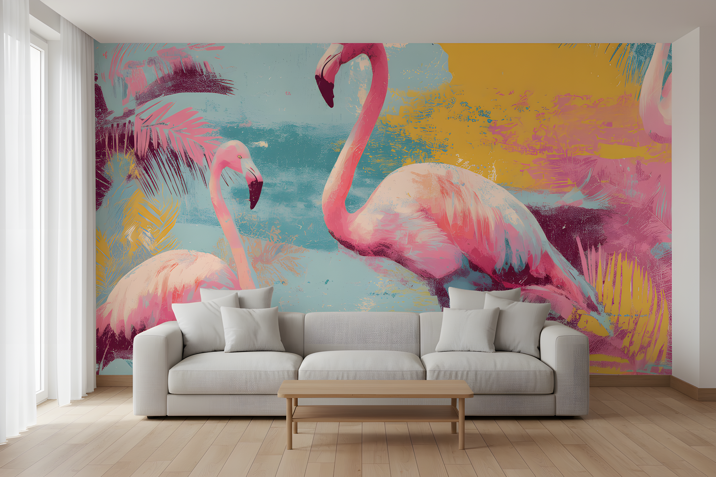 Vibrant tropical flamingo mural with pink flamingos against turquoise water and orange pink sunset hues in a living room