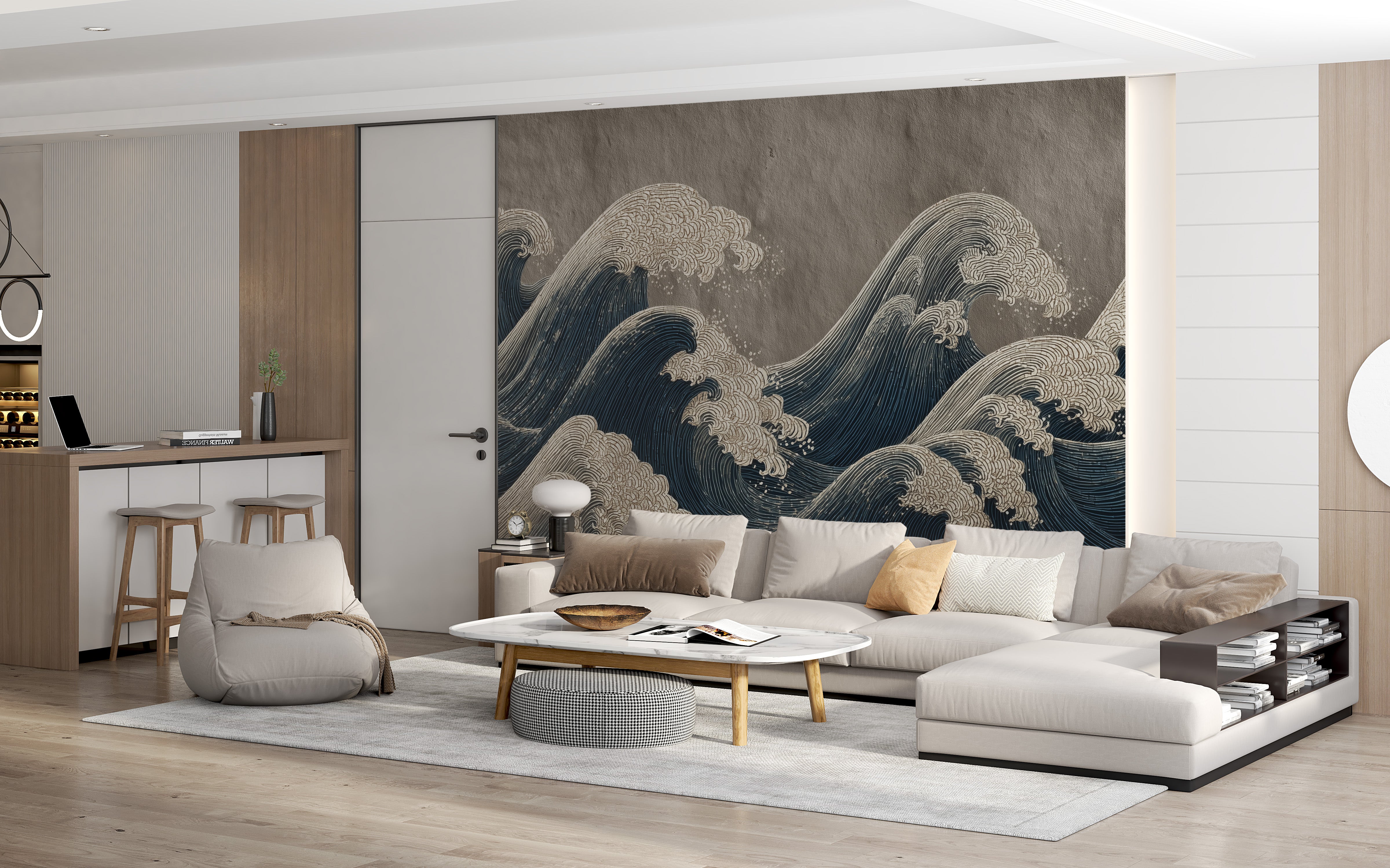 Japanese ocean waves mural in navy blue cream on wall behind a modern living room with beige sofa and light wood accents