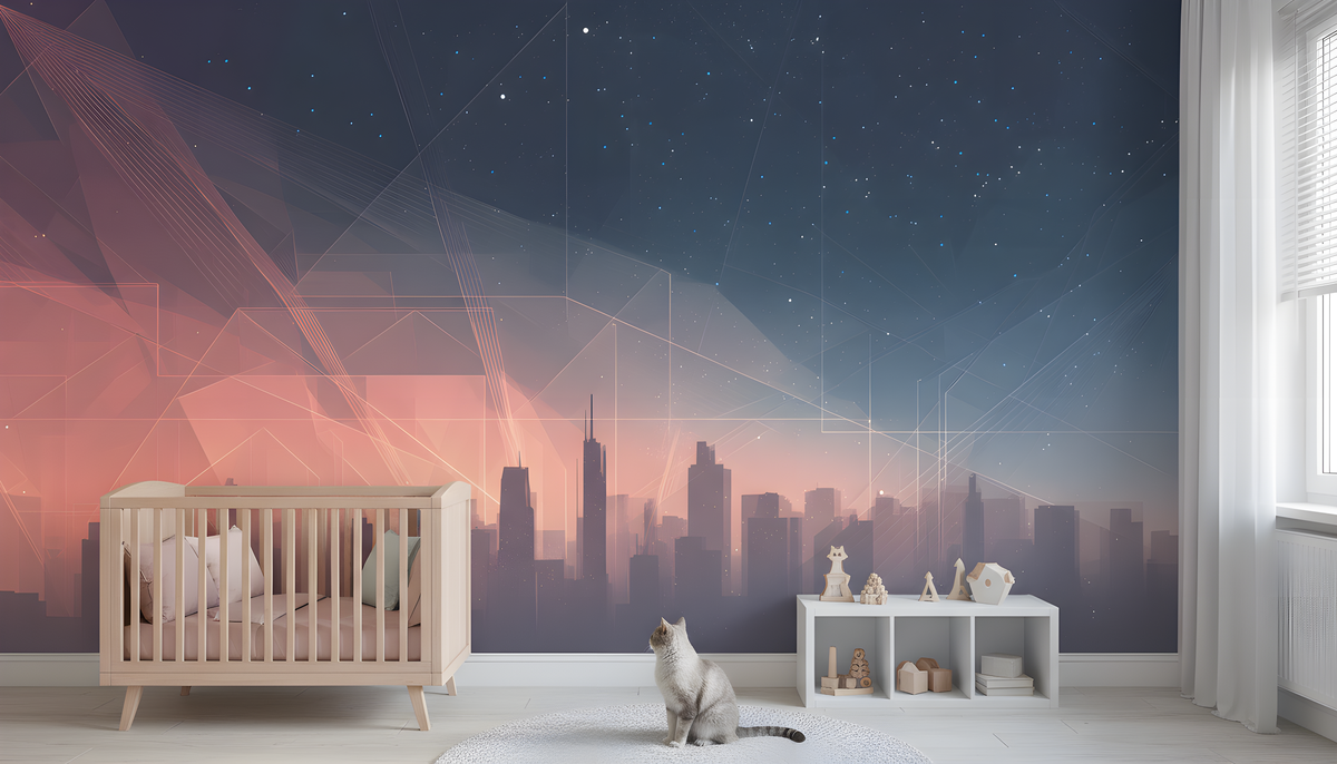 Cosmic Cityscape Wall Mural | Navy Blue Pink Futuristic Skyline, Starry Sky Neon Line Peel and Stick Mural, Modern Bedroom Office Decor