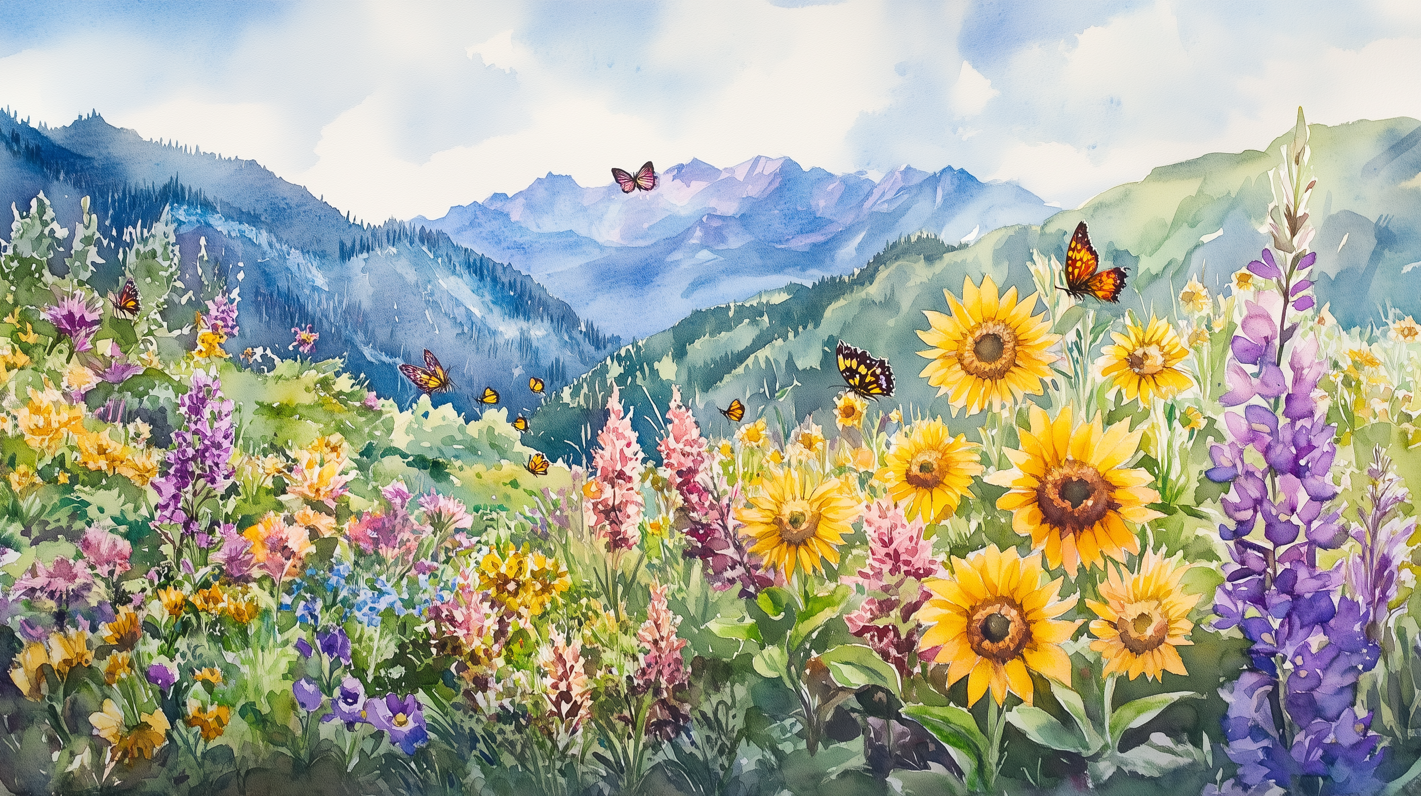 Wildflower Meadow Wallpaper, Peel and Stick Colorful Floral Mural, Watercolor Colorado Mountain Flower Field Art