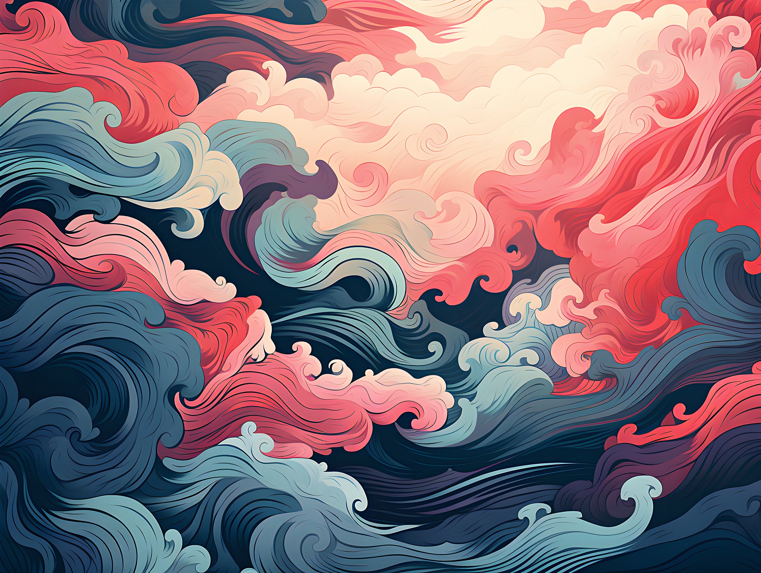 Blue Pink Ocean Waves Mural - Artistic Wall Design