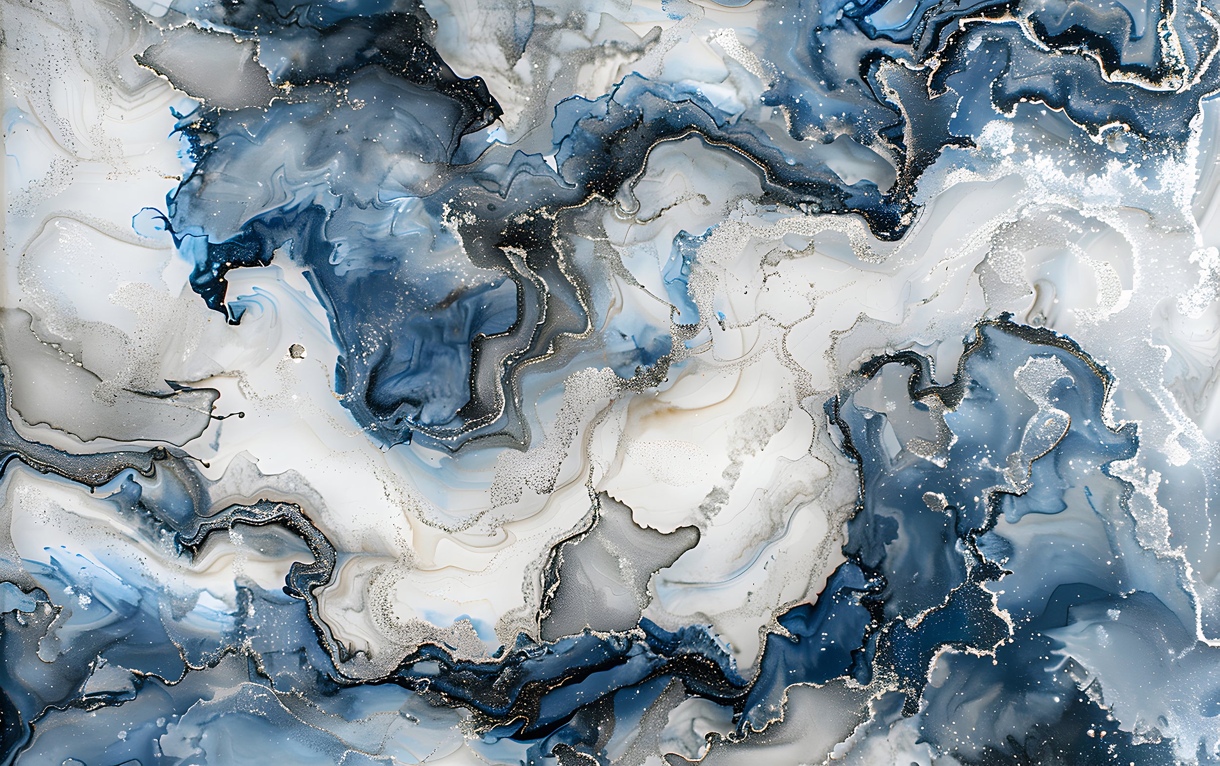 Blue and White Marble Wallpaper, Alcohol ink wall mural, Abstract Peel and Stick Stone Wallpaper, Blue & Silver Removable Modern Art