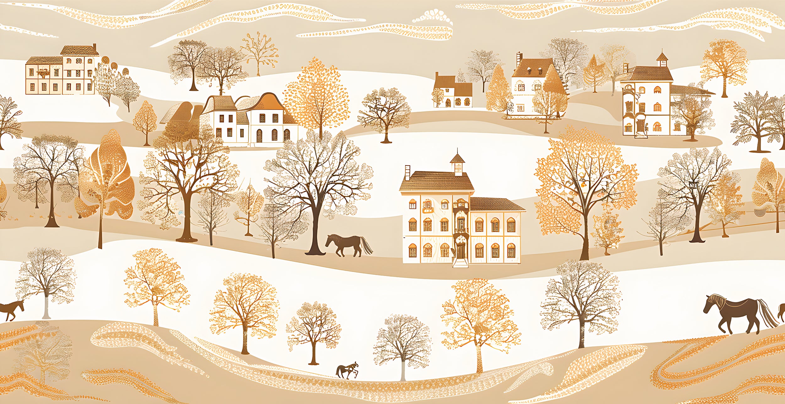 Beige Landscape with Houses and Trees Wallpaper, Seamless Horizontal Pattern Mural, Watercolor Classic Wall Art, Peel and Stick Traditional Village Mural