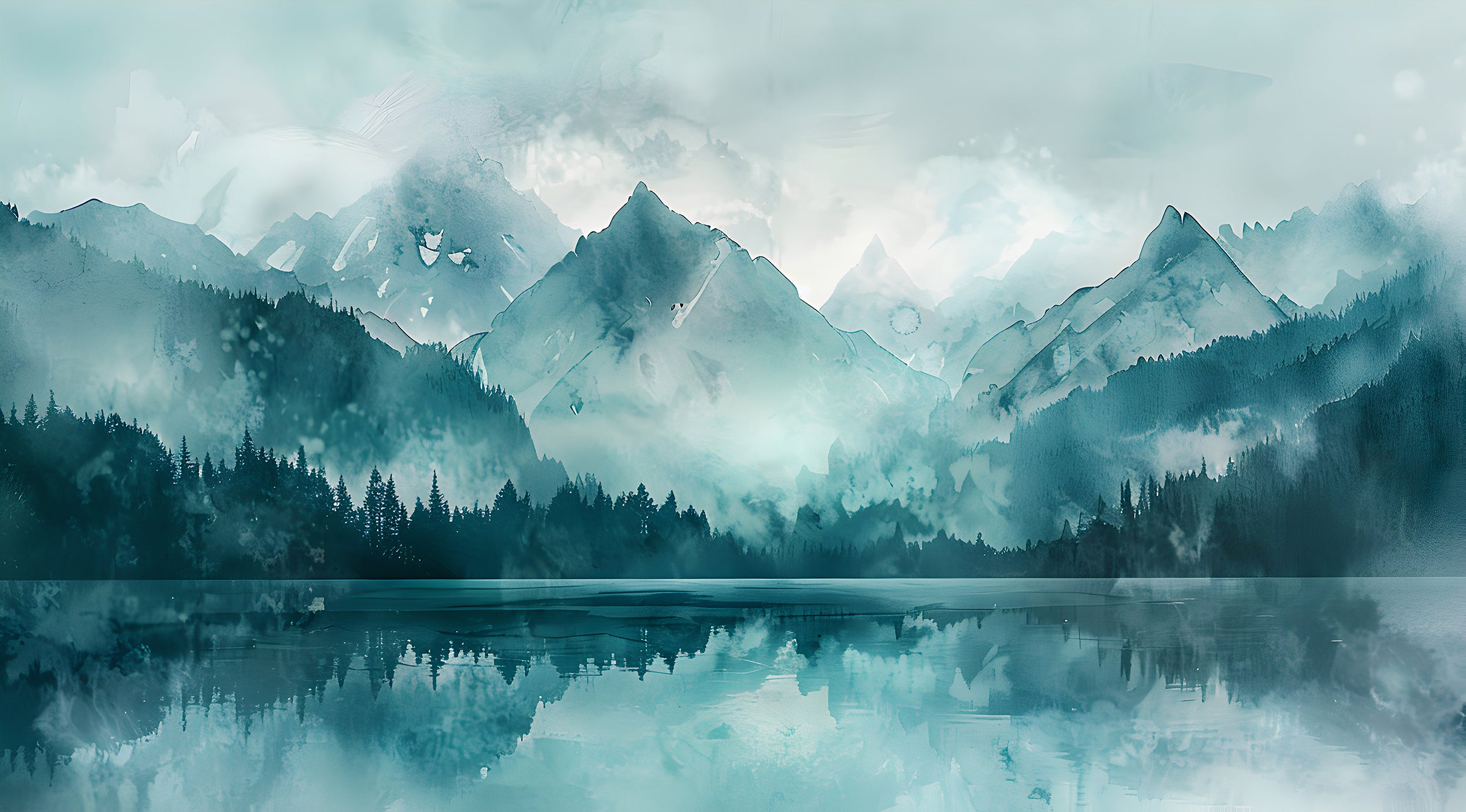 Mountain Lake in Mint Colors Mural, Watercolor Forest and Mountains Wallpaper, Peel and Stick Green Lake Landscape Art, Abstract Nature Decor