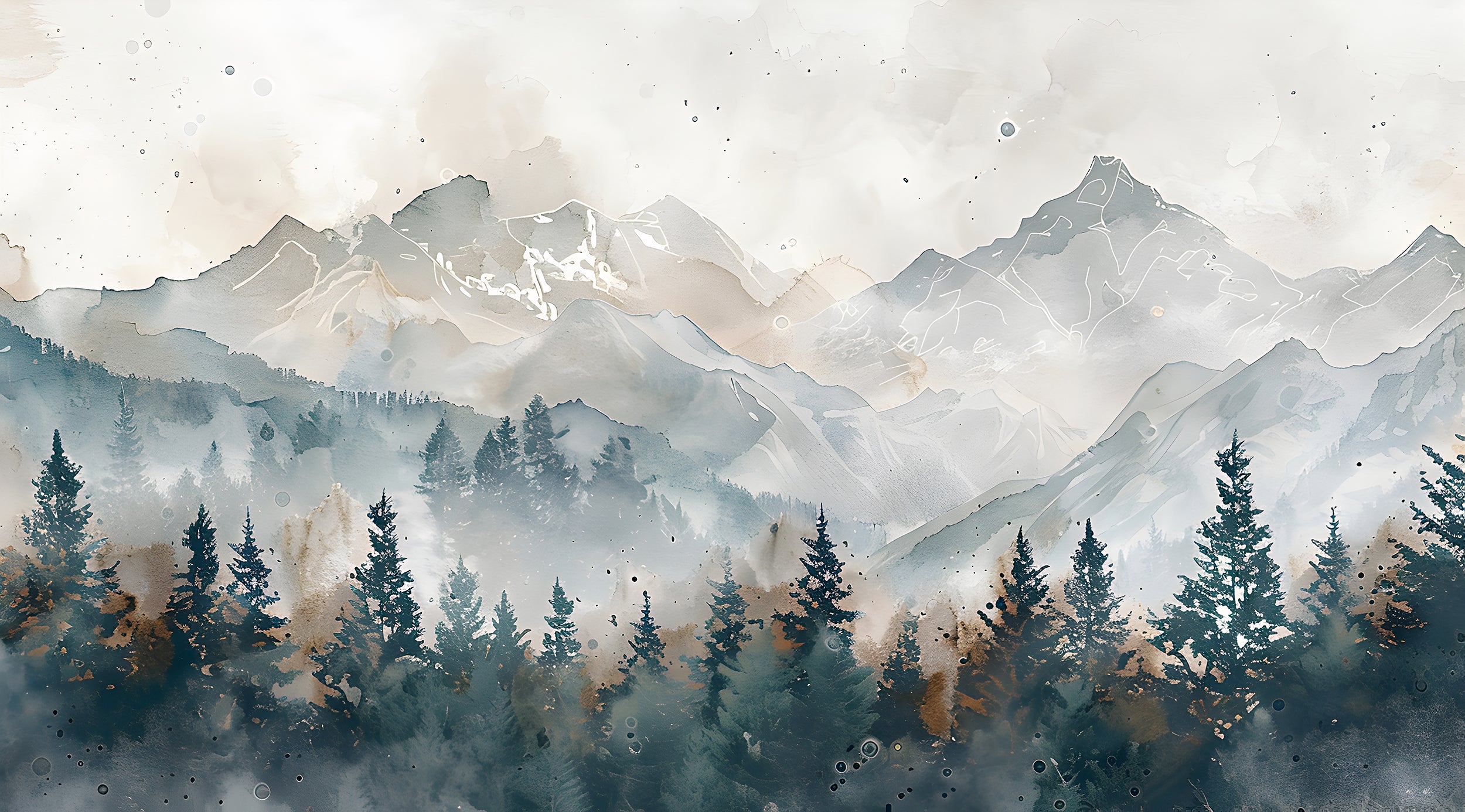 Forest and Mountains in Watercolor Style Mural, Grey Cloudy Mountain Landscape, Peel and Stick Pine Forest Natural Colors Wall Decor, Removable Wall Art