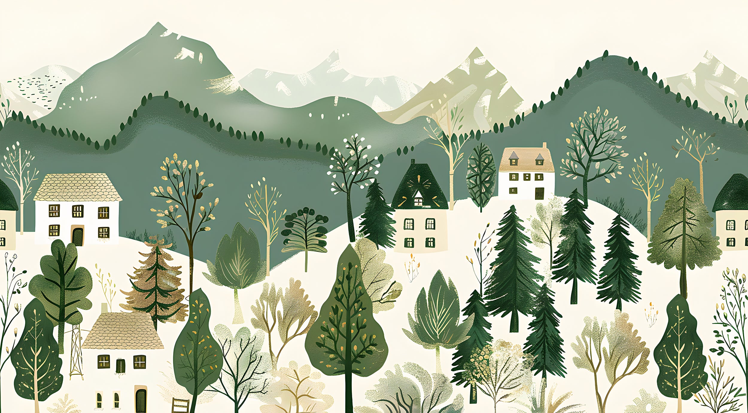 Green and Beige Forest Village Mural, Peel and Stick Mountains Trees and Houses Wallpaper, Removable Horizontal Seamless Pattern Wall Decor