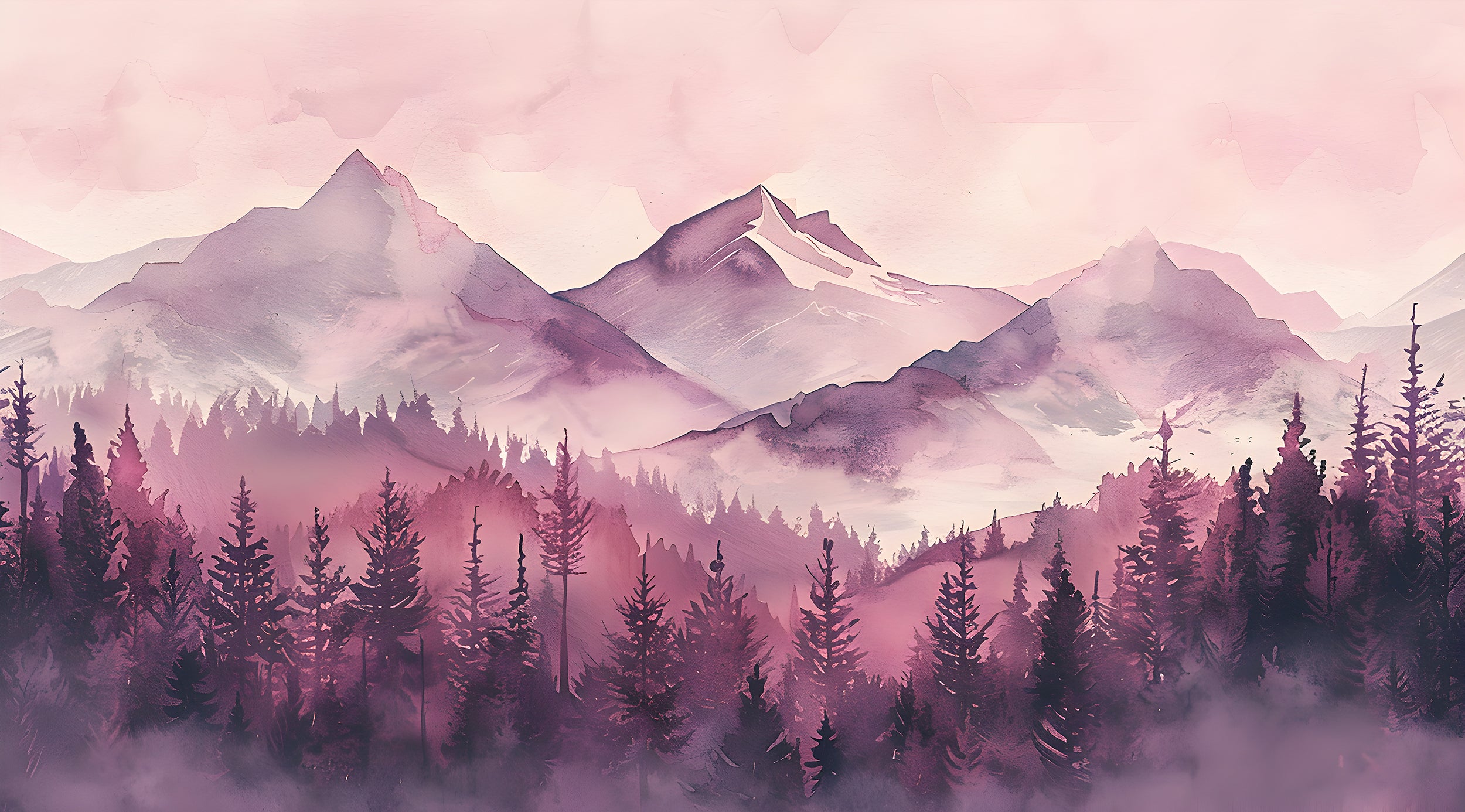 Soft Pink Mountains and Forest Mural, Peel and Stick Watercolor Mountains Landscape Wallpaper, Nursery Removable Custom Size Decor