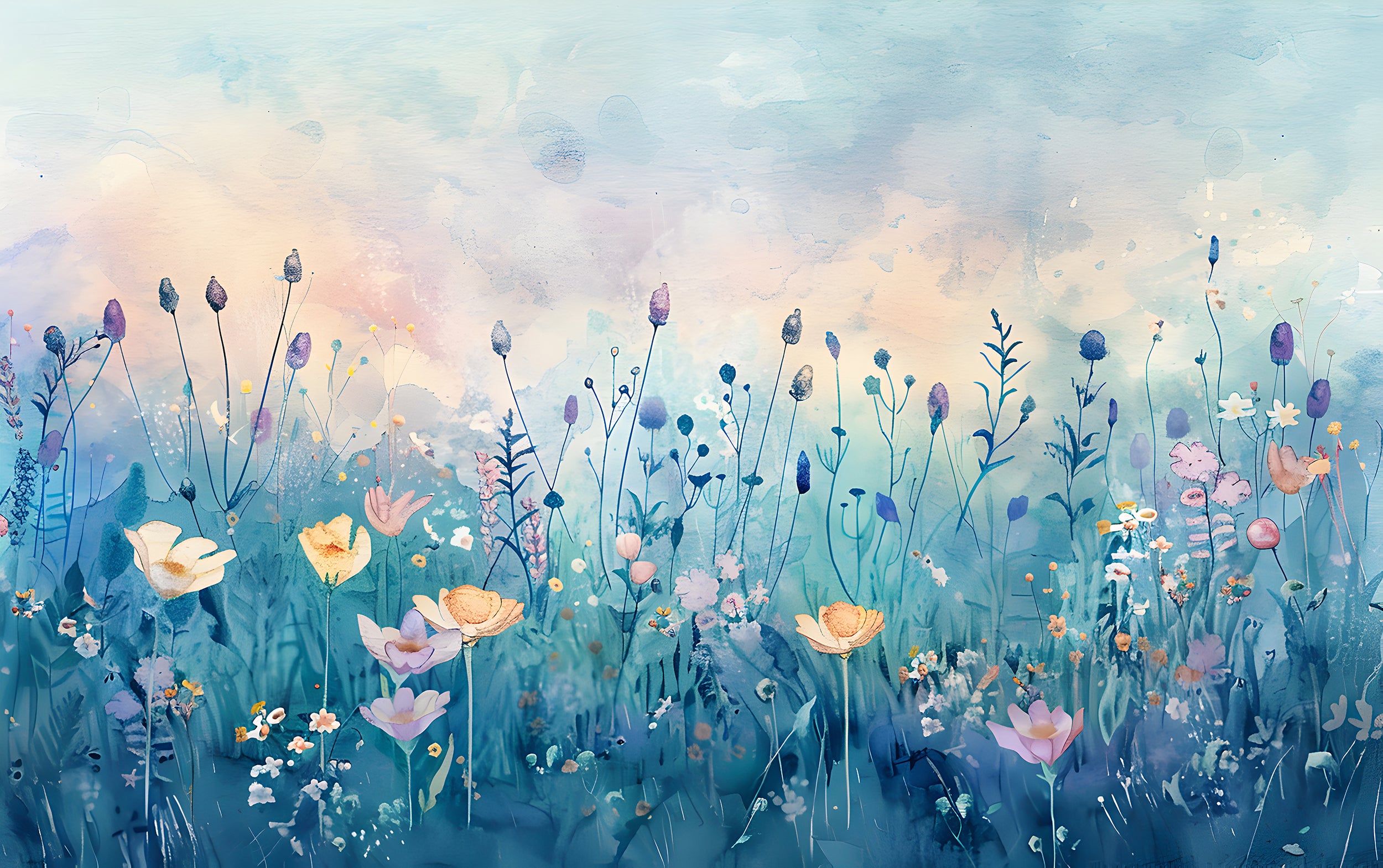 Blue Meadow Flowers Mural, Watercolor Flower Field Wallpaper, Pastel Colors Peel and Stick Floral Wall Mural, Removable Botanical Art, PVC-free