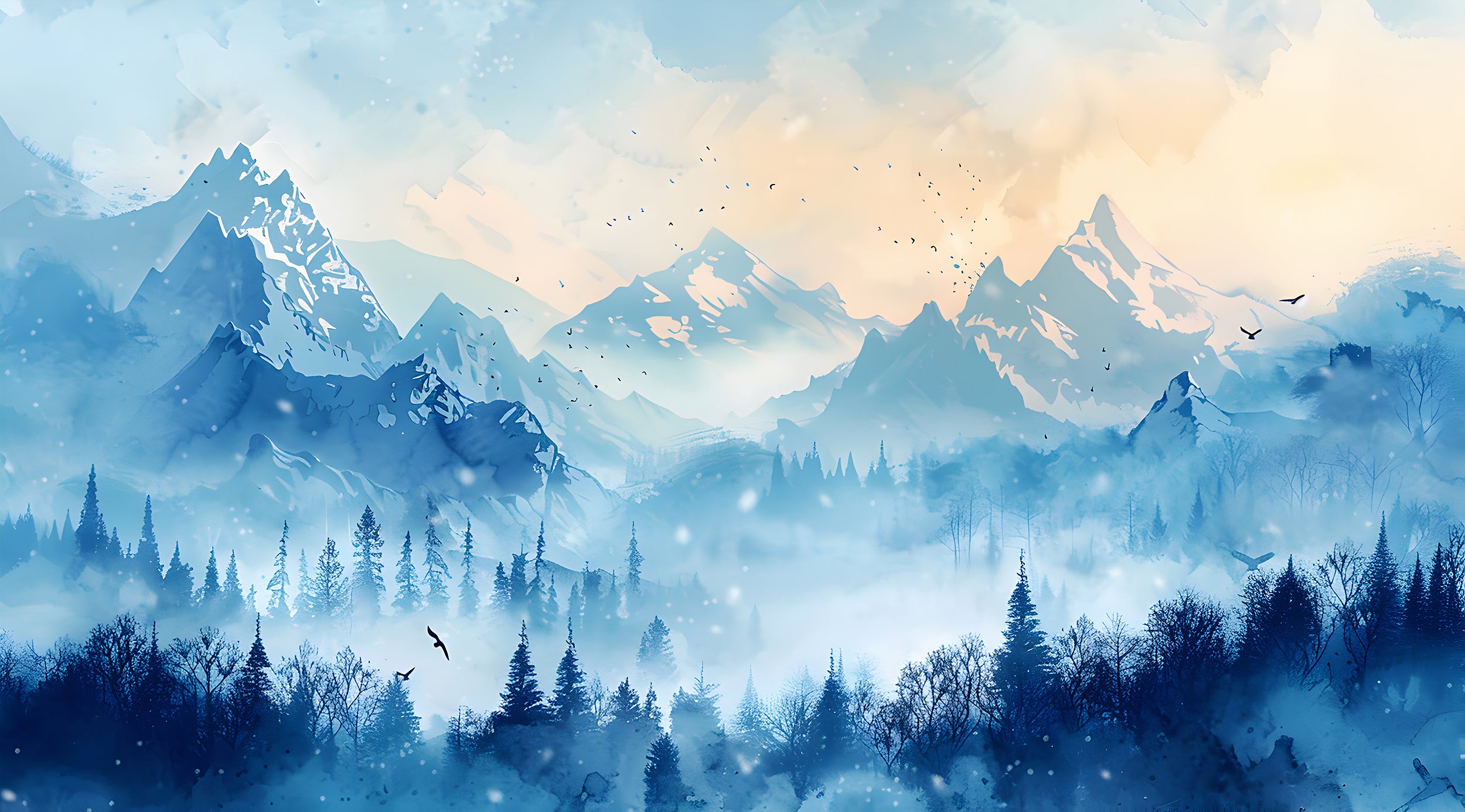 Winter Mountains Mural, Watercolor Blue Mountain and Forest Landscape, Peel and Stick Foggy Nature Wallpaper, Nursery Removable Misty Decal