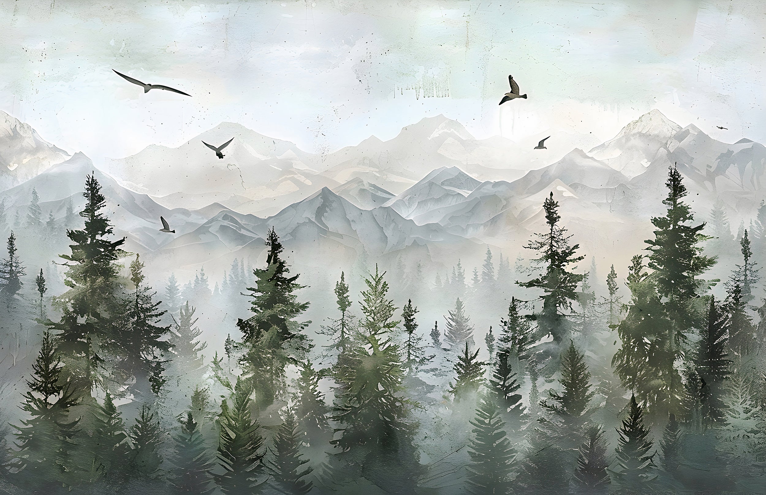 Watercolor Forest and Mountains Mural, Peel and Stick Nature Decal, Birds and Pine Forest Landscape Art, Removable Mountain View Wall Decor