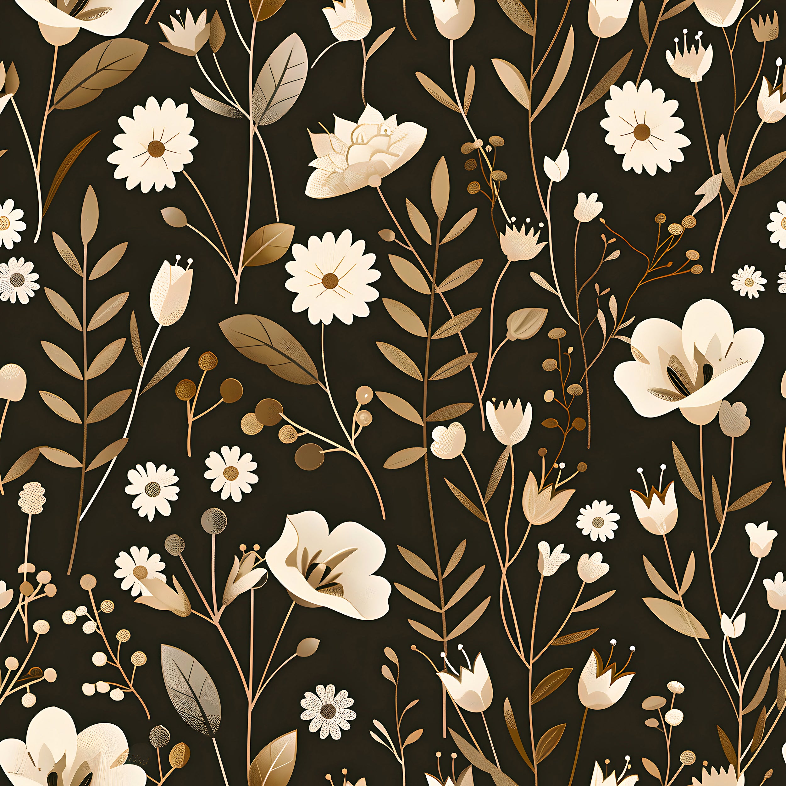 Dark Meadow Floral Wallpaper, White and Brown Botanical Decal, Wild Flowers Wallpaper, Peel and Stick Removable Vintage Flower Decal