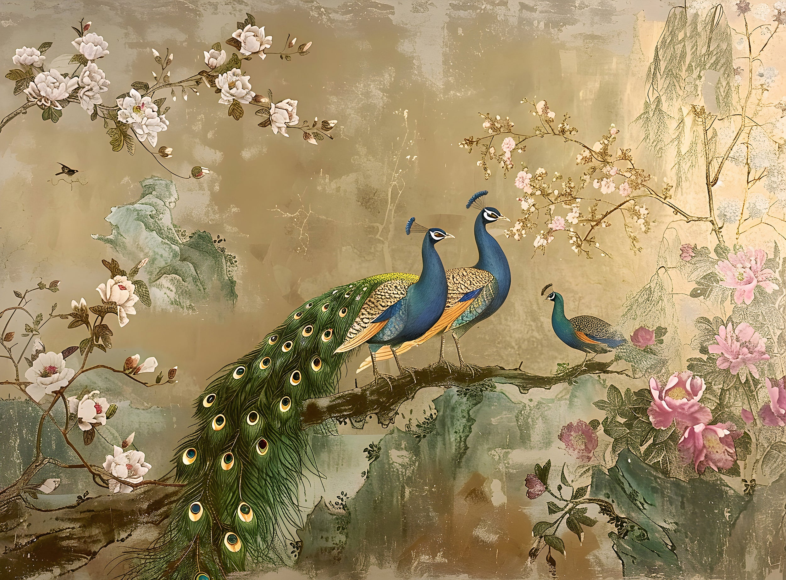 Chinoiserie Wallpaper, Colorful Peacock Wall Mural, Removable Vintage Golden Floral Wallpaper, Peel and Stick Classic Mural With Flowers and Birds