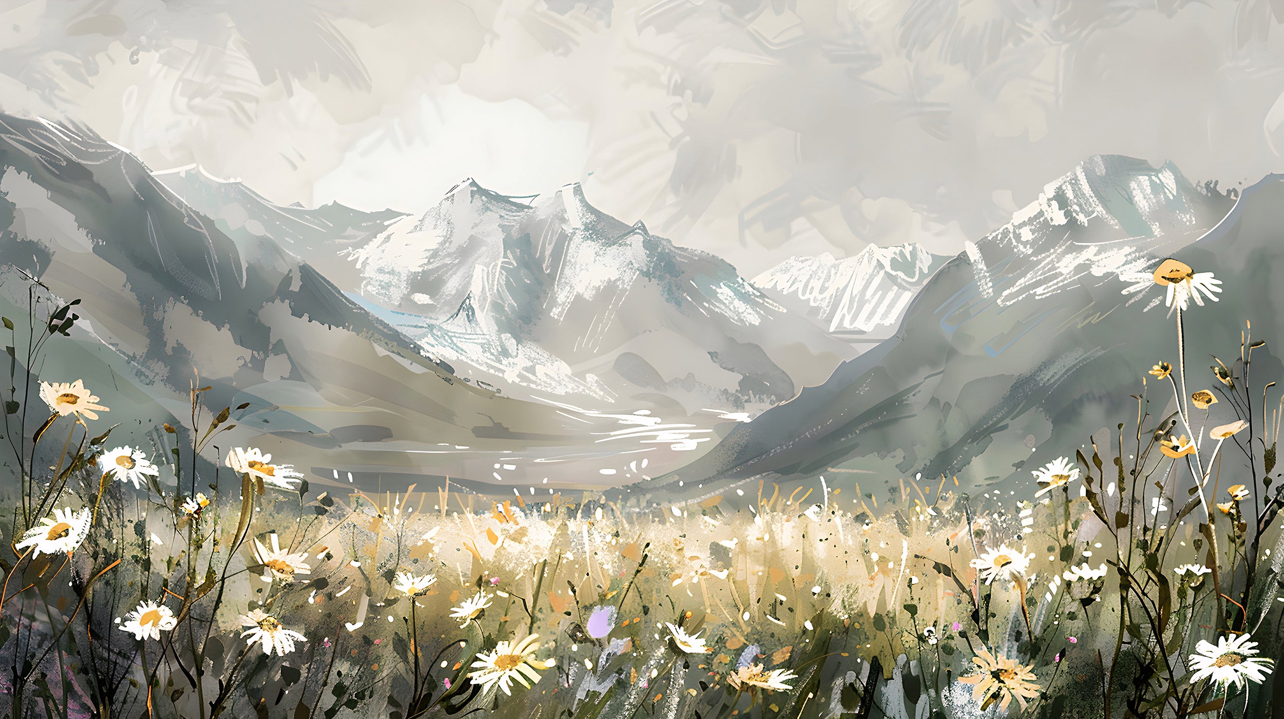 Watercolor Mountain Field Mural, Meadow Flowers in Natural Colors Wallpaper, Peel and Stick Wild Nature Landscape Mural, Grey Mountains Decal