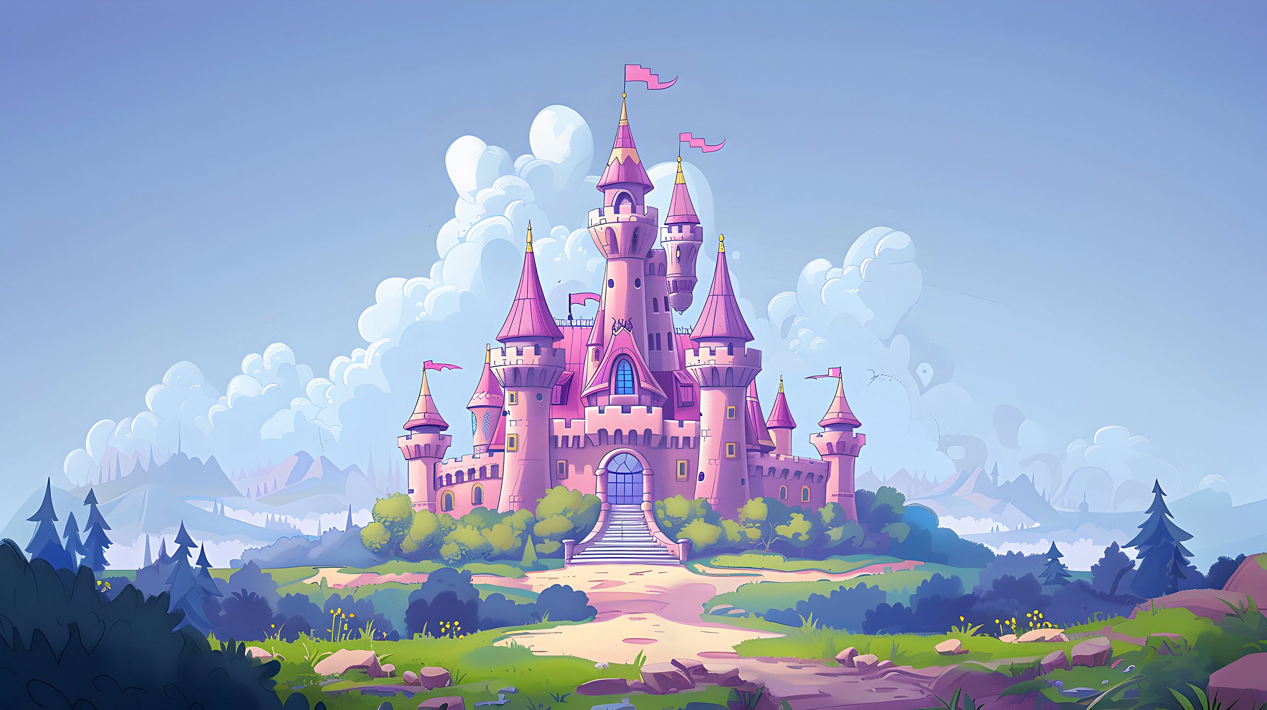 Pink Princess Castle Mural, Peel and Stick Nursery Dreamy Castle Wallpaper, Cartoon Style Kids Room Colorful Castle, PVC free Removable Decal