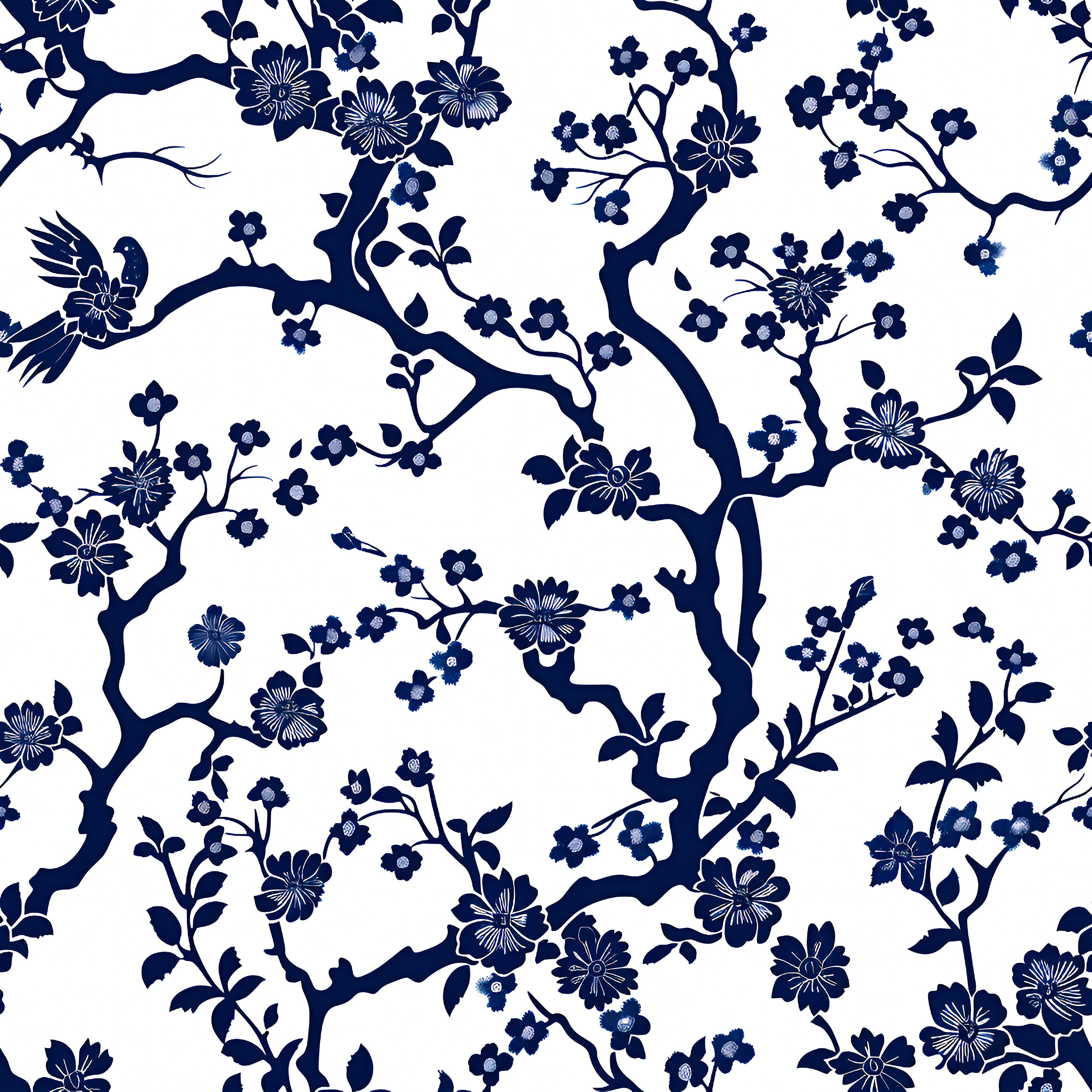 Blue and White Floral Wallpaper, Peel and Stick French Style Botanical Decor, Small Flowers and Branches Wallpaper, Removable Blue Floral