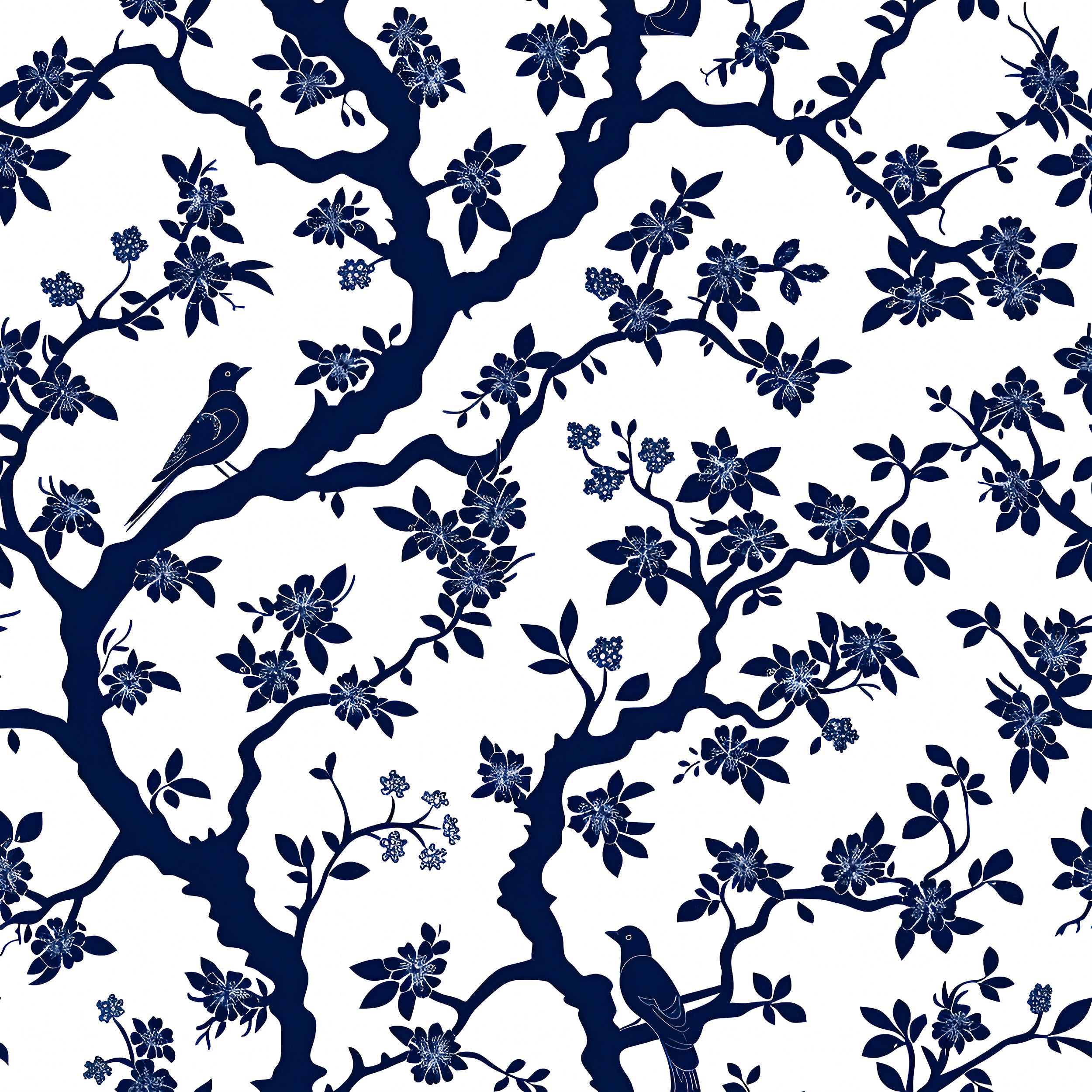 Blue and White Chinoiserie Wallpaper, French Style Floral Wall Decor, Peel and Stick Blue Botanical Wallpaper, Removable Flowers & Birds