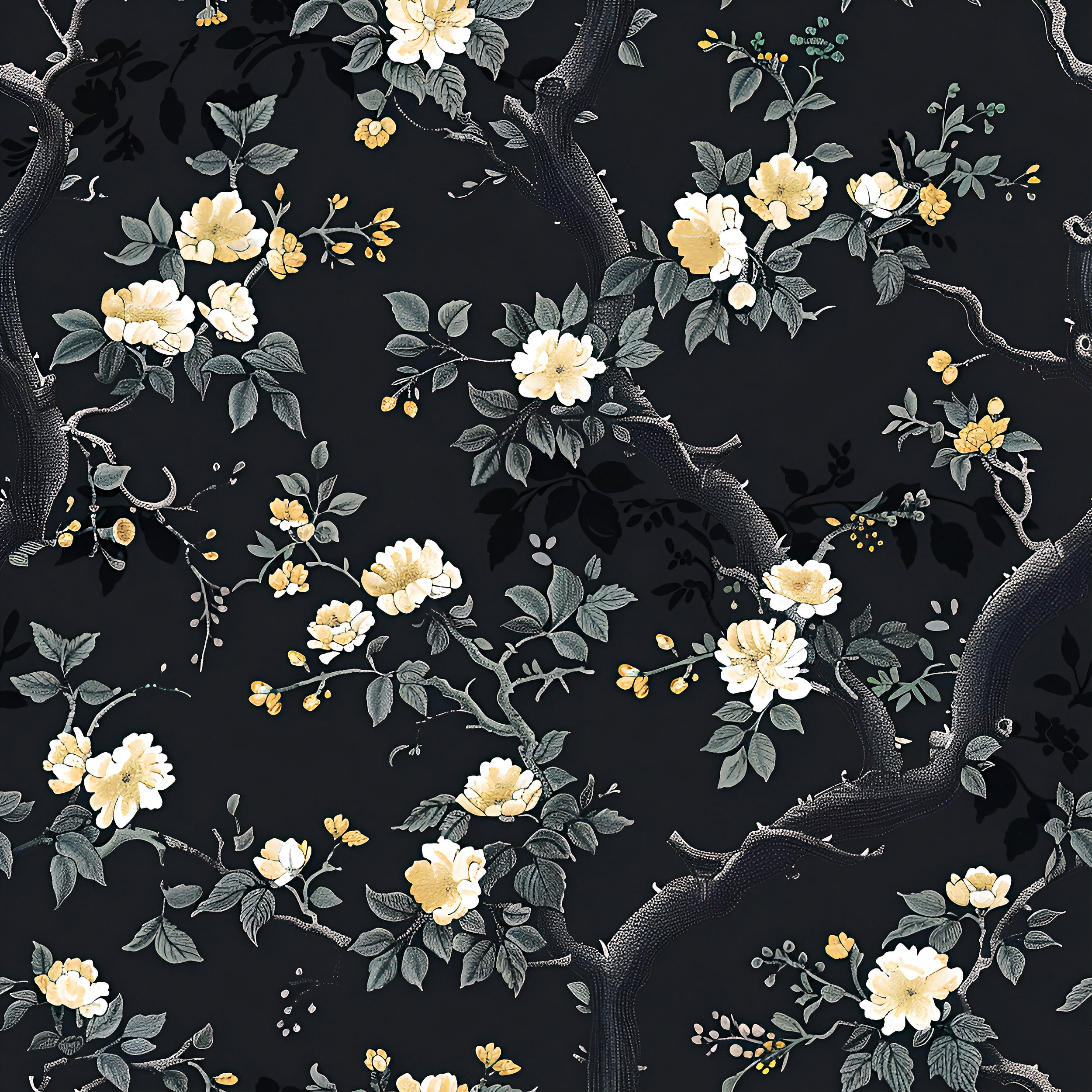 Black Chinoiserie Wallpaper, Peel and Stick Dark Floral, Removable Dark Leaves and Branches Wallpaper, Small Flowers Wallpaper