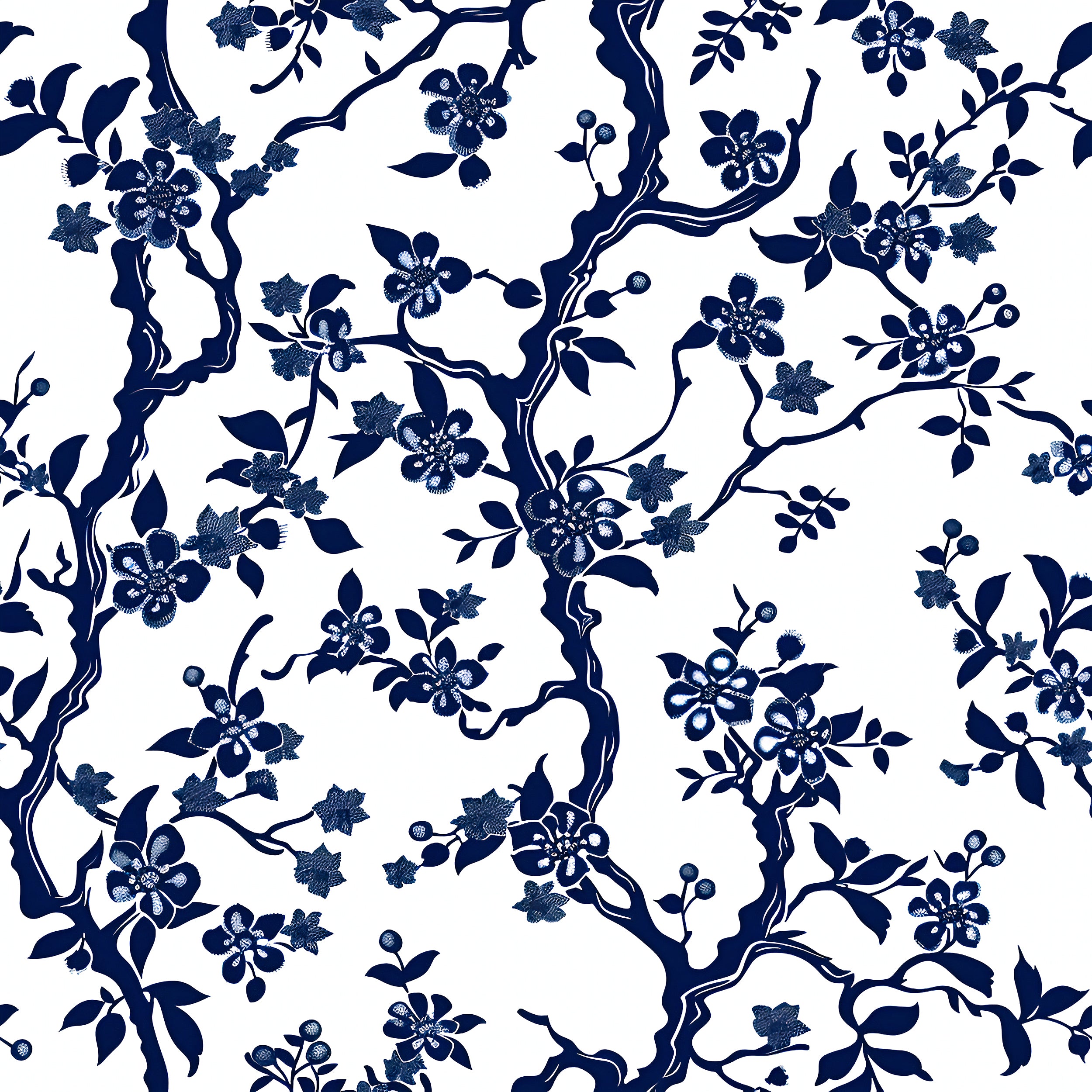 Blue Branches with Leaves and Flowers Wallpaper, Peel and Stick Blossom Tree Wallpaper, Blue and White Botanical, Chinoiserie Floral Decor