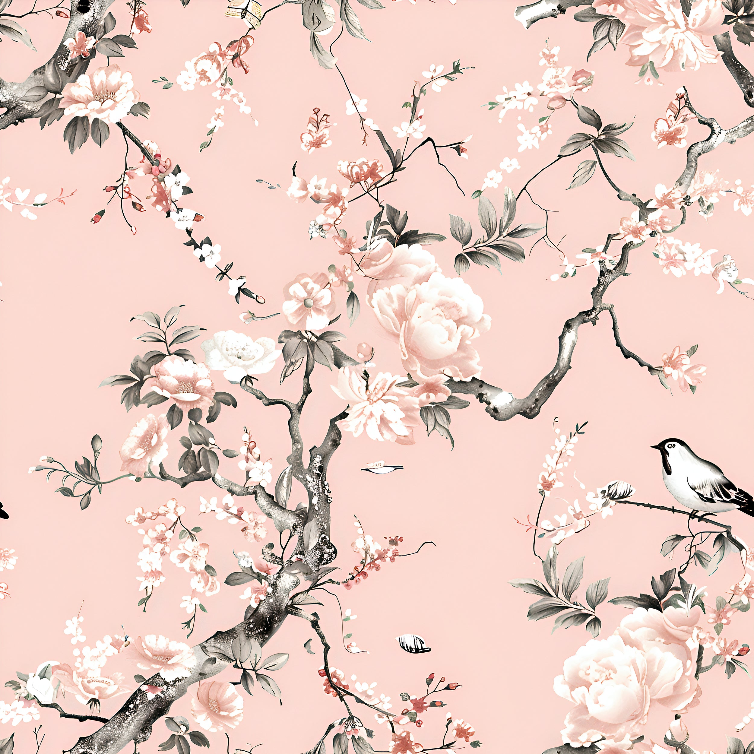 Soft Pink Chinoiserie Wallpaper, Peel and Stick Pink Floral Wallpaper, Blossom Branches Wall Decor, Removable Pink Botanical Wallpaper