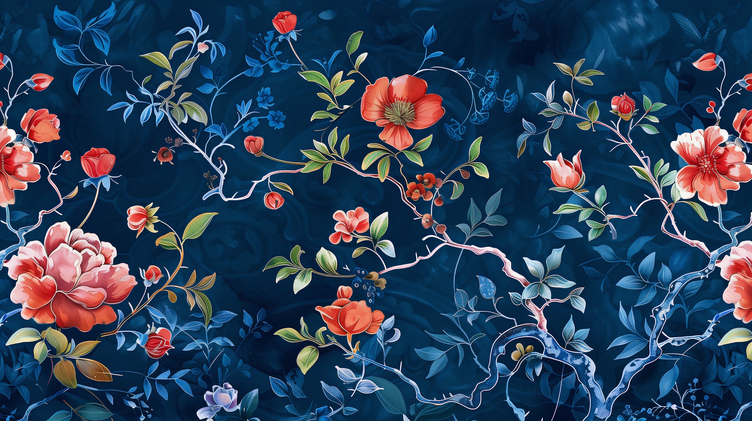 Dark Blue Floral Mural, Peel and Stick Blue Chinoiserie Wallpaper, Red Flowers on Dark Blue Background Art, Removable Flower Branch Decor