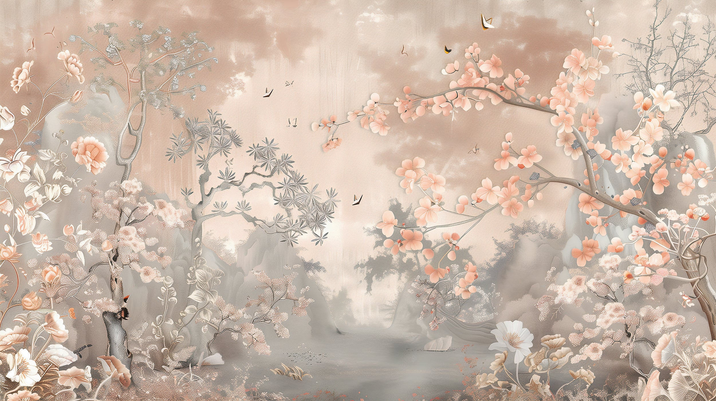 Dusty Rose Chinoiserie Wall Mural, Soft Pink Japanese Forest Mural, Peel and Stick Sakura Tree Wallpaper, Blossom Forest Wall Decor