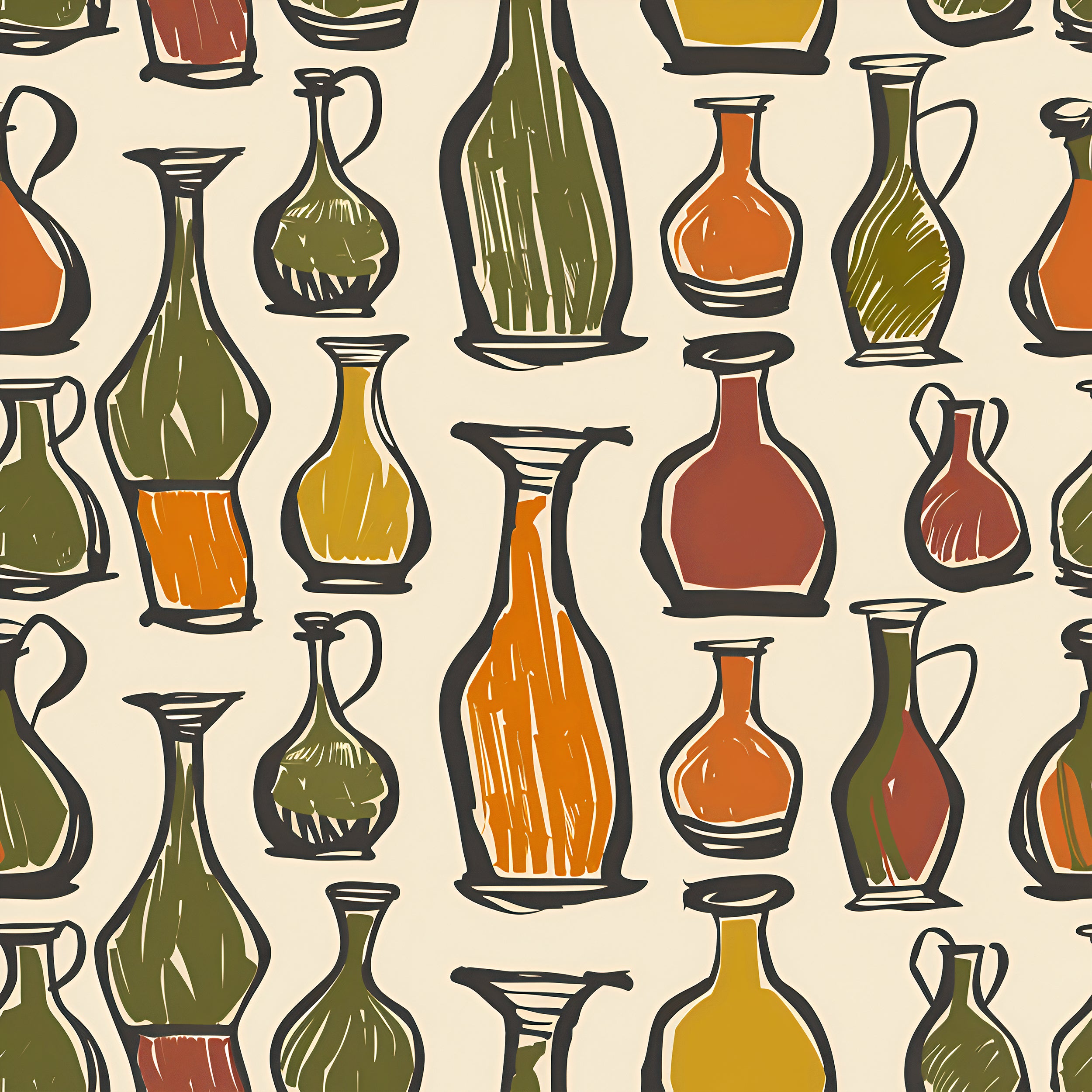 Colorful Vases and Bottles Wallpaper, Peel and Stick Abstract Accent Wallpaper, Green and Orange Modern Art