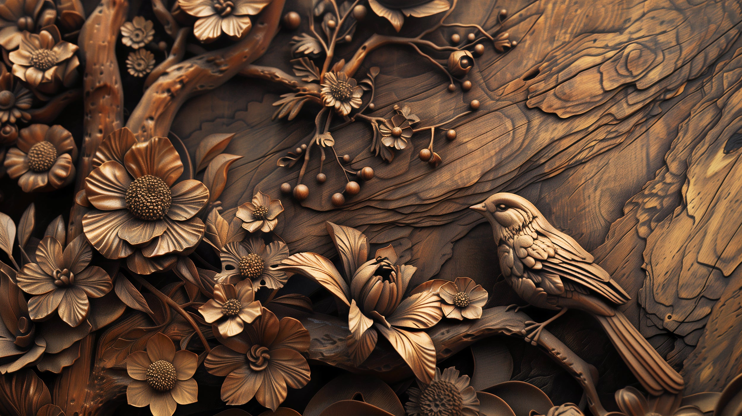 Wood Carving Style Wall Mural, Peel and Stick Wooden Look Wallpaper, Dark Brown Chinoiserie Wall Art, Bird and Flowers Removable Decor