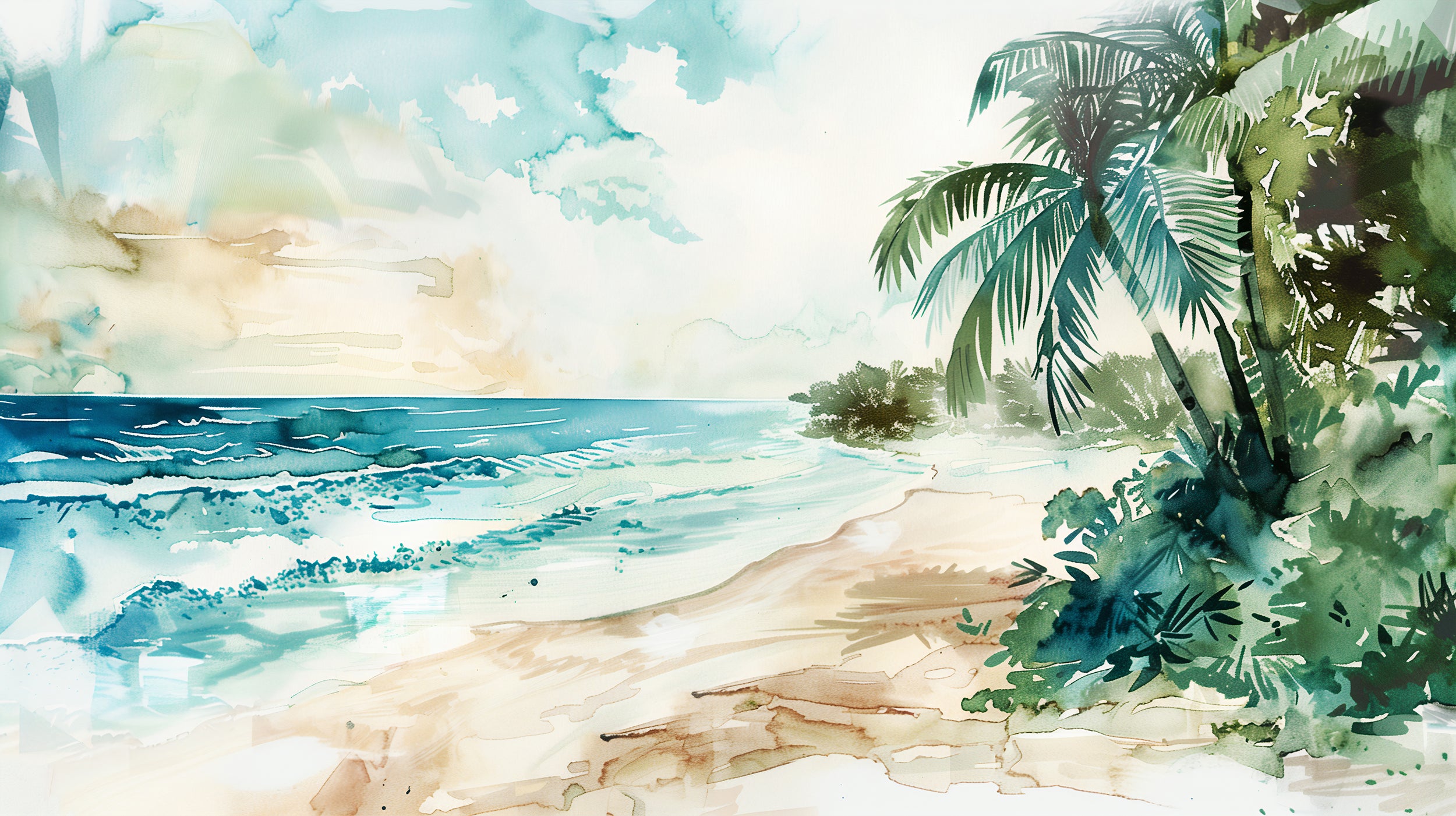 Coastal Mural, Peel and Stick Watercolor Paradise Beach Wallpaper, Ocean and Palm Tree Dreamy Wall Decor