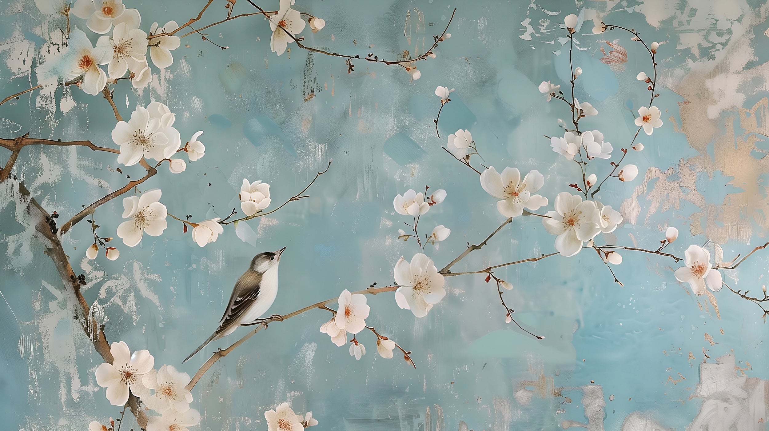 Soft Blue Chinoiserie Mural, Delicate Botanical Wallpaper, Peel and Stick Floral Wall Decor, Flowers and Birds Japanese Wall Art