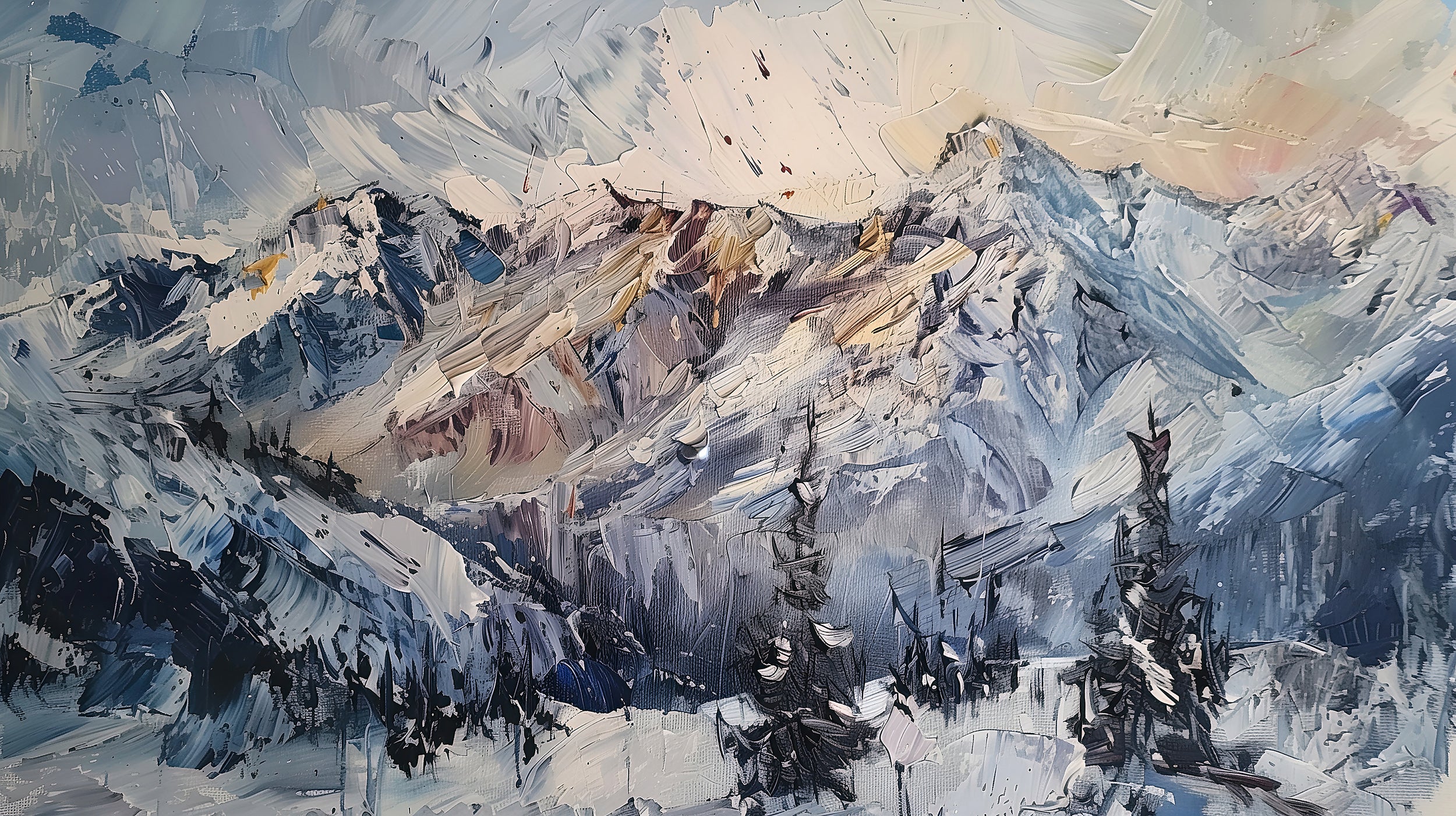 Abstract Oil Painting of Snowy Mountains Mural, Peel and Stick Mountains, Snowy Landscape Wallpaper, Blue and White Mountain Mural