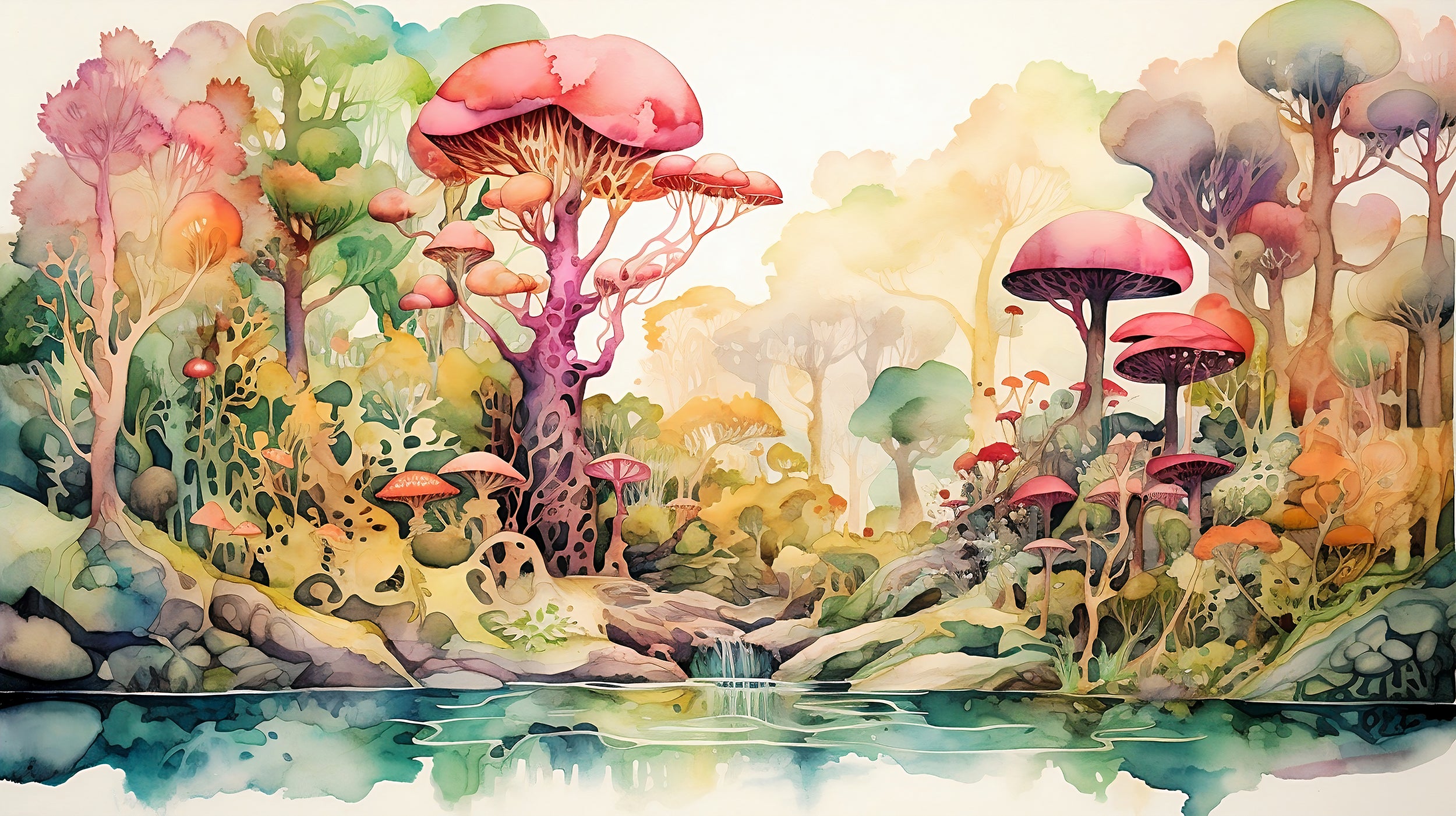 Watercolor Kids Room Wall Art with Playful Mushrooms