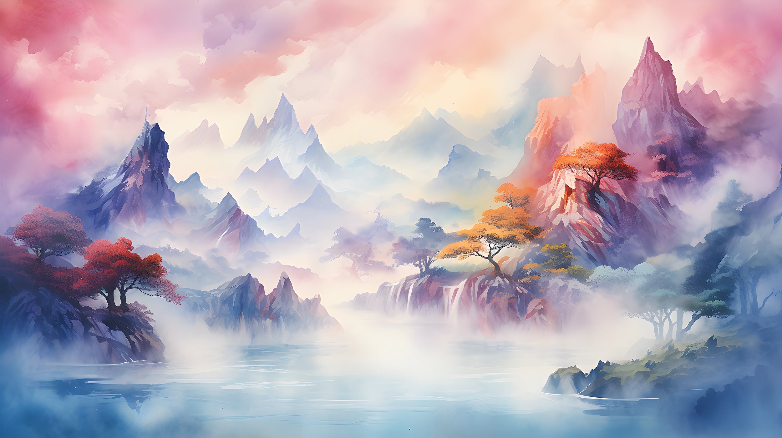 Colorful Mountains and Tranquil Lake Wall Decor