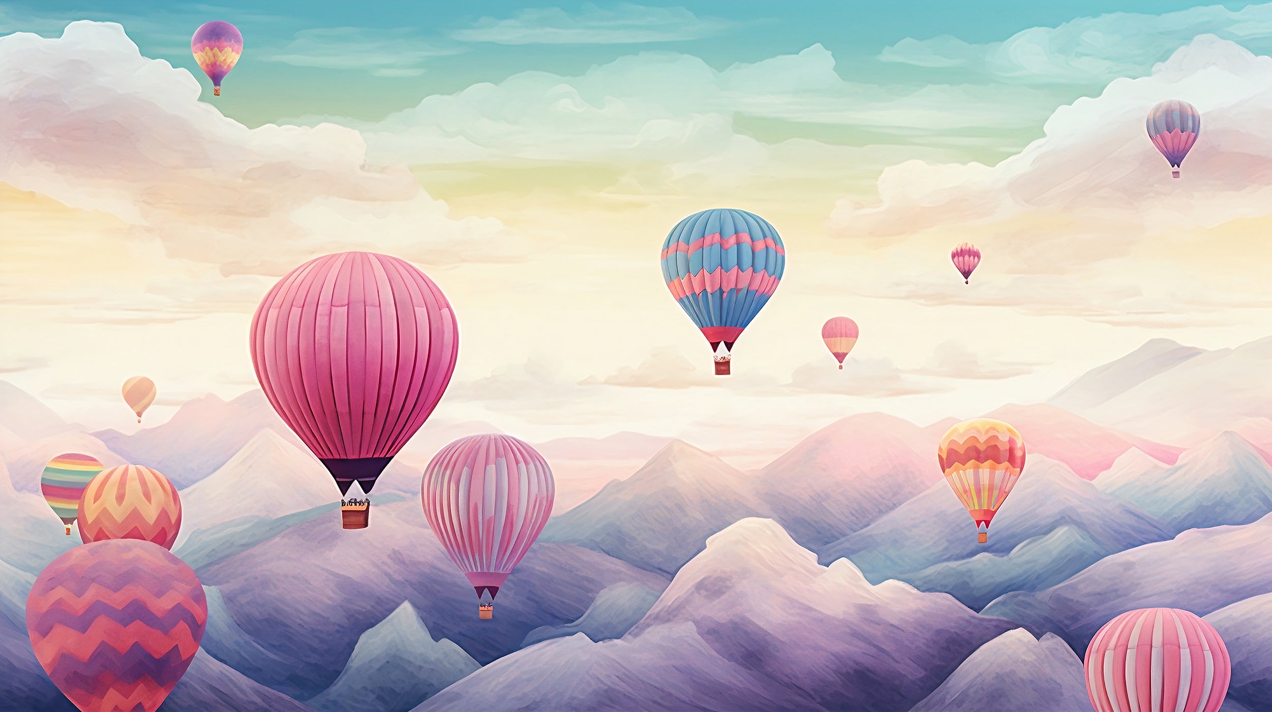 Nursery Colorful Landscape Wallpaper with Playful Balloons