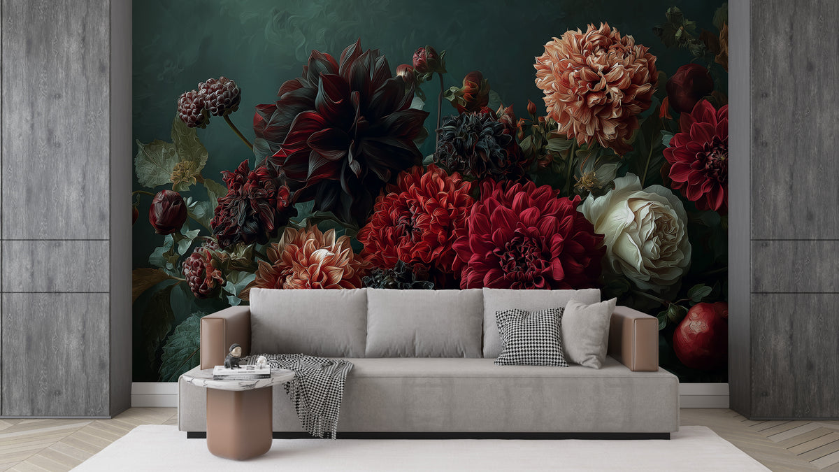 Dark Floral Mural - Dahlia Wall Mural | Moody Floral - Burgundy Red Dahlias and Cream Roses Botanical Peel and Stick Mural