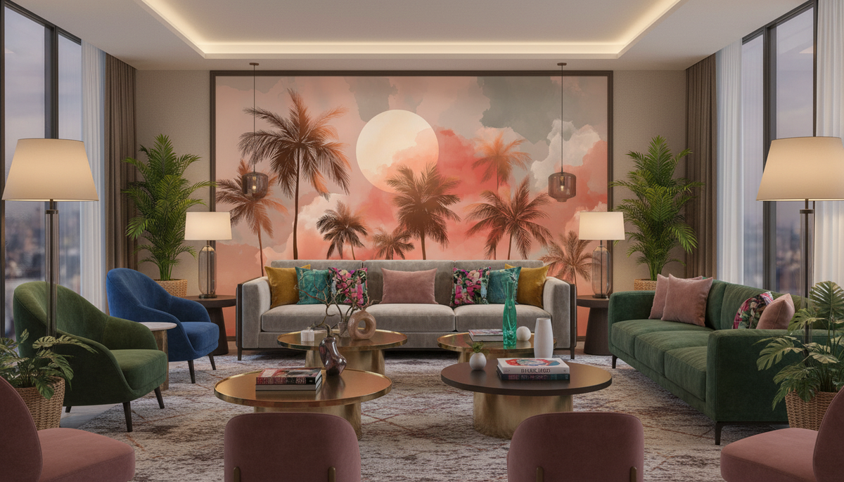 Tropical Sunset Palm Tree Wall Mural | Warm Coral Watercolor Sky, Coastal Peel and Stick Mural, Bedroom Bathroom Living Room Decor