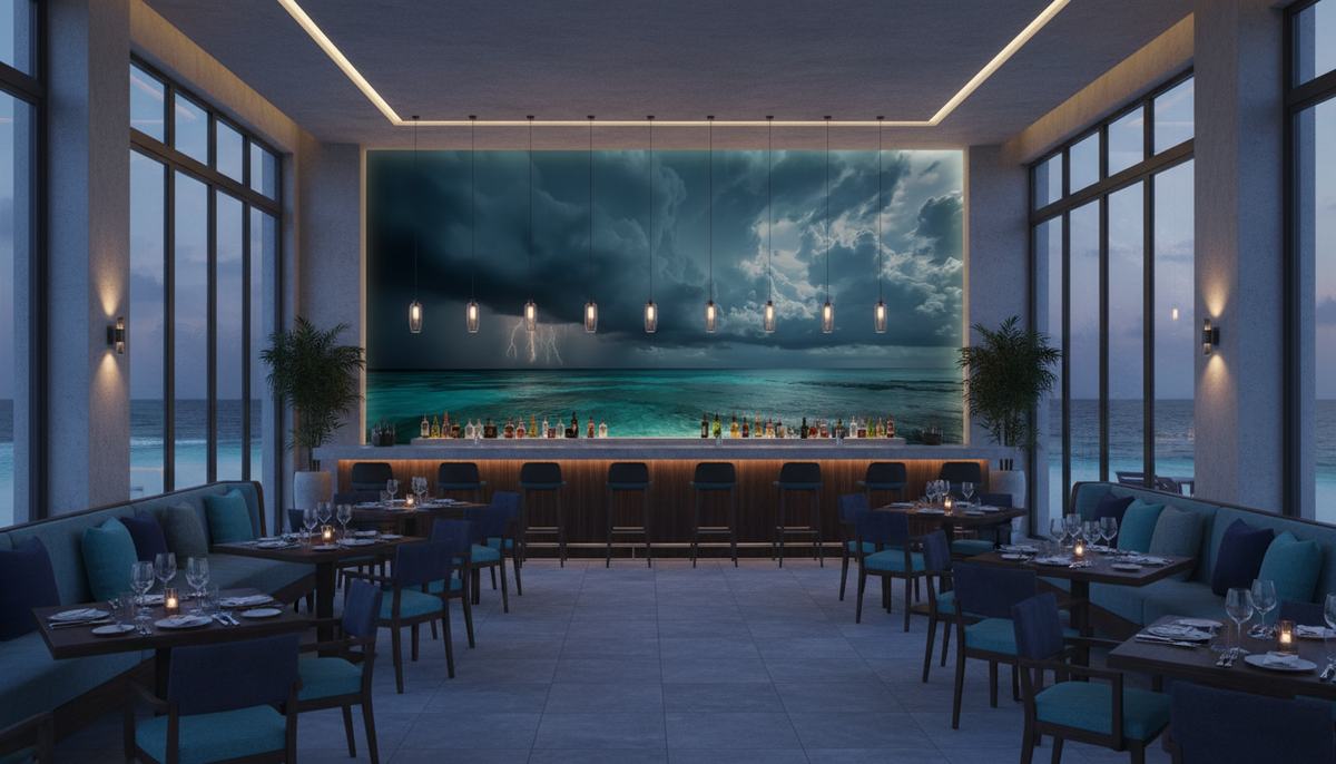 Tropical Storm Wall Mural | Lightning Over Turquoise Ocean, Moody Coastal Peel and Stick Mural, Dramatic Beach Wall Decor