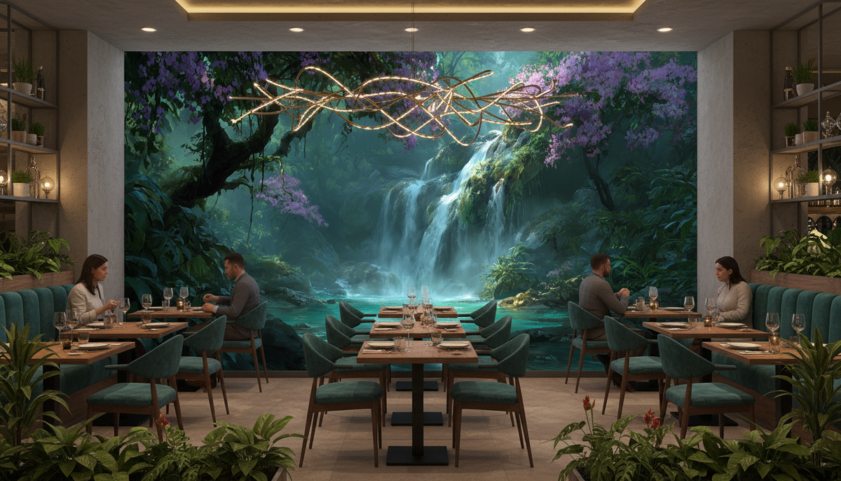 Tropical Jungle Waterfall Wall Mural | Emerald Lagoon, Purple Flowers, Moody Rainforest Peel and Stick Mural, Bedroom Bathroom Living Room Decor