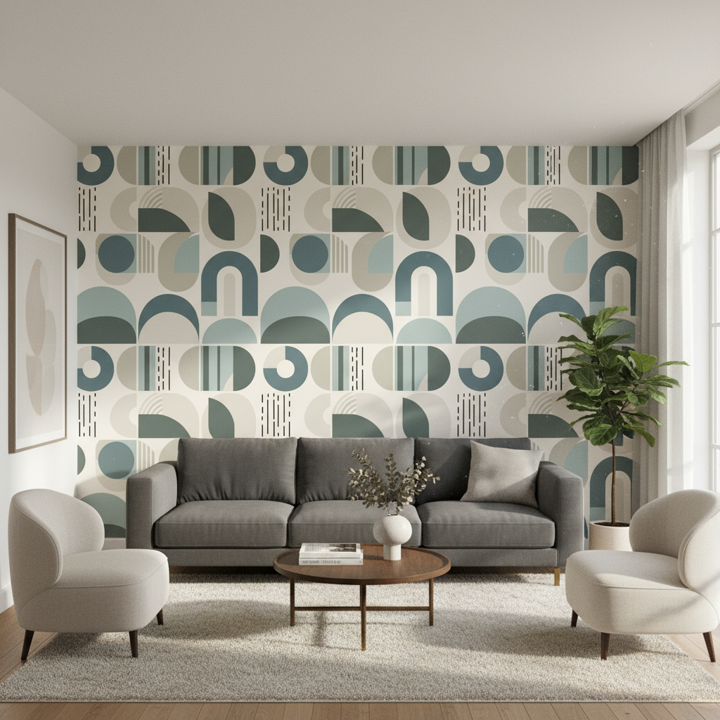 Scandinavian Geometric Wallpaper | Soft Blue Taupe Arches and Circles, Mid Century Peel and Stick Wallpaper, Minimalist Bedroom Decor
