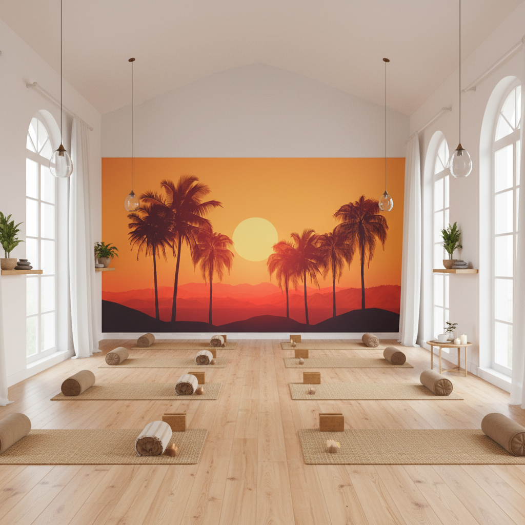 Tropical Sunset Palm Wall Mural | Retro 1960s Beach Landscape, Orange Red Palm Trees Peel and Stick Mural, Mid Century Bedroom Decor