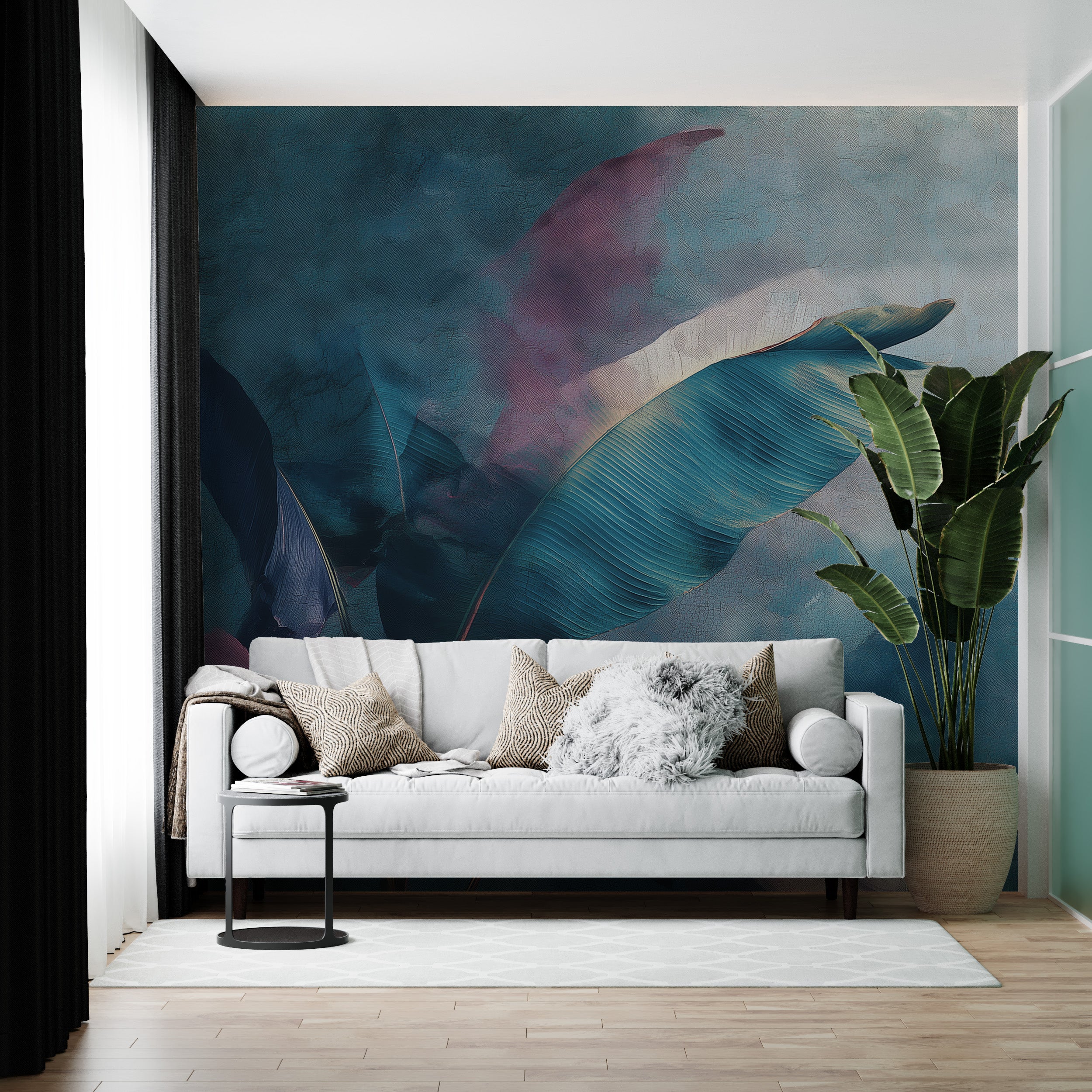 Abstract tropical leaves mural in teal and purple hues with large blue-green leaves in a modern living room setting
