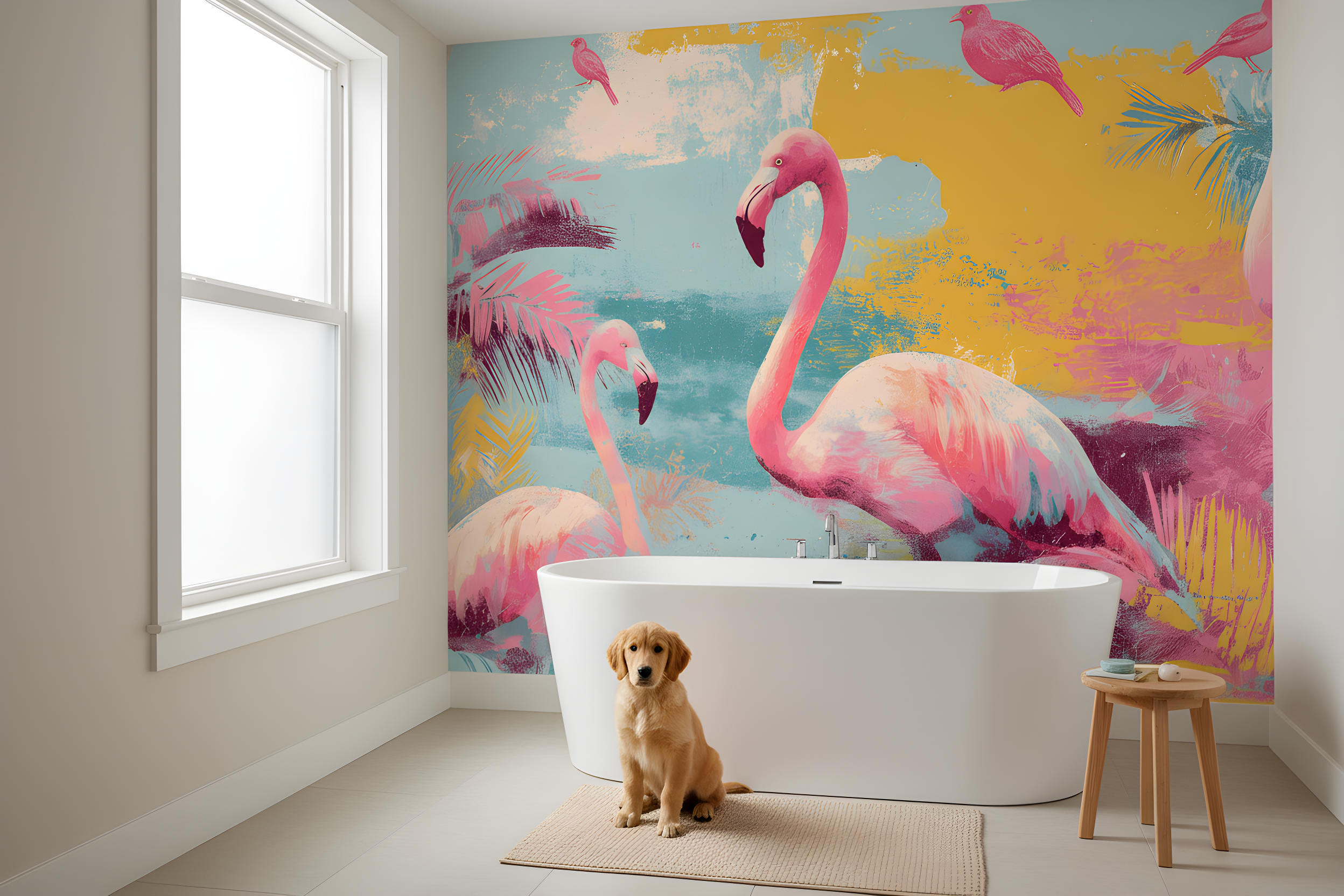 Bright tropical flamingo mural in pinks and turquoise with watercolor sunset hues, installed behind a freestanding bathtub