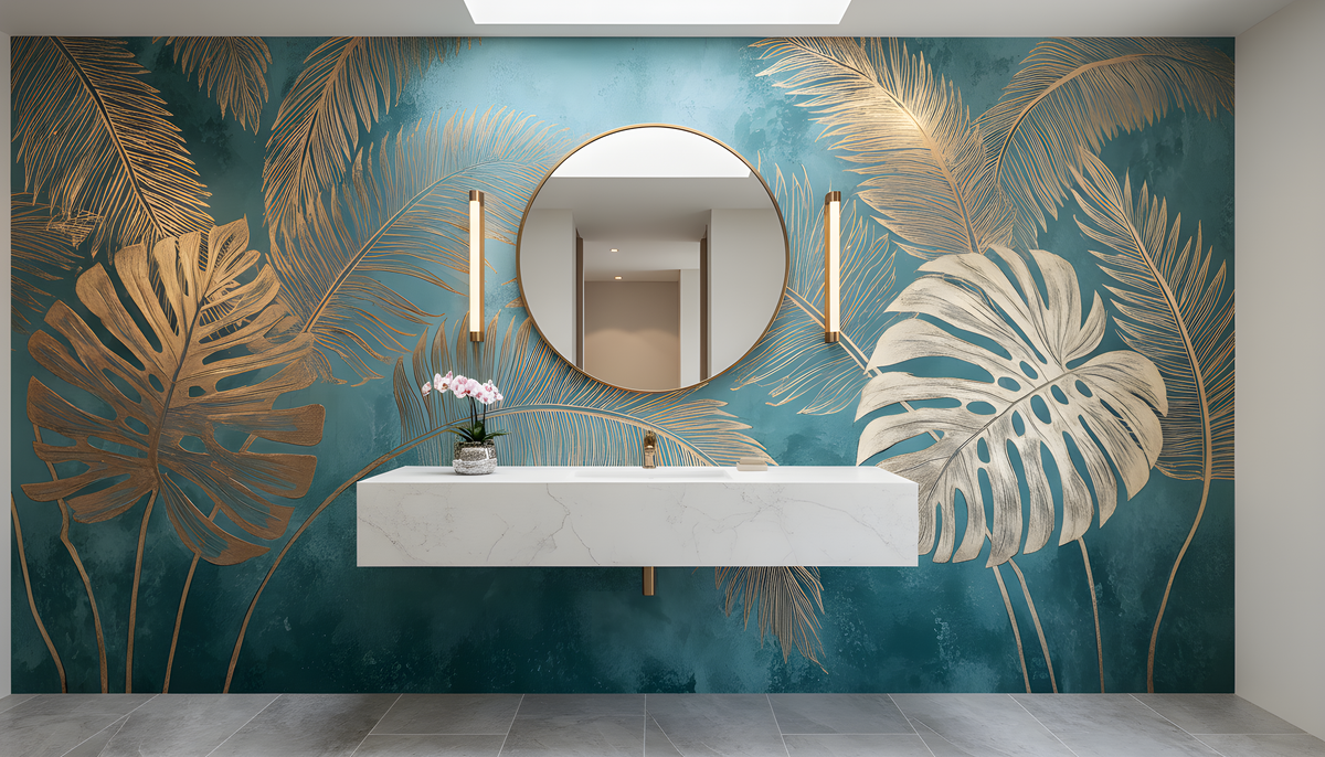 Tropical Wall Mural - Palm Leaf Mural | Gold Palm Mural - Teal Botanical Monstera and Palm Leaves Peel and Stick Mural