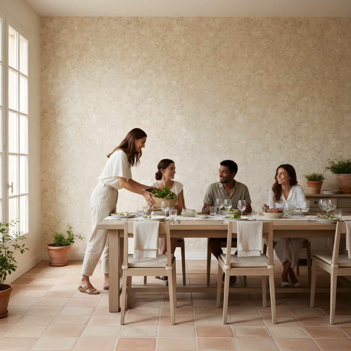 Beige Floral Wallpaper | Delicate White Flower Vine Pattern, Neutral Botanical Peel and Stick Wallpaper, Vintage Bedroom Decor