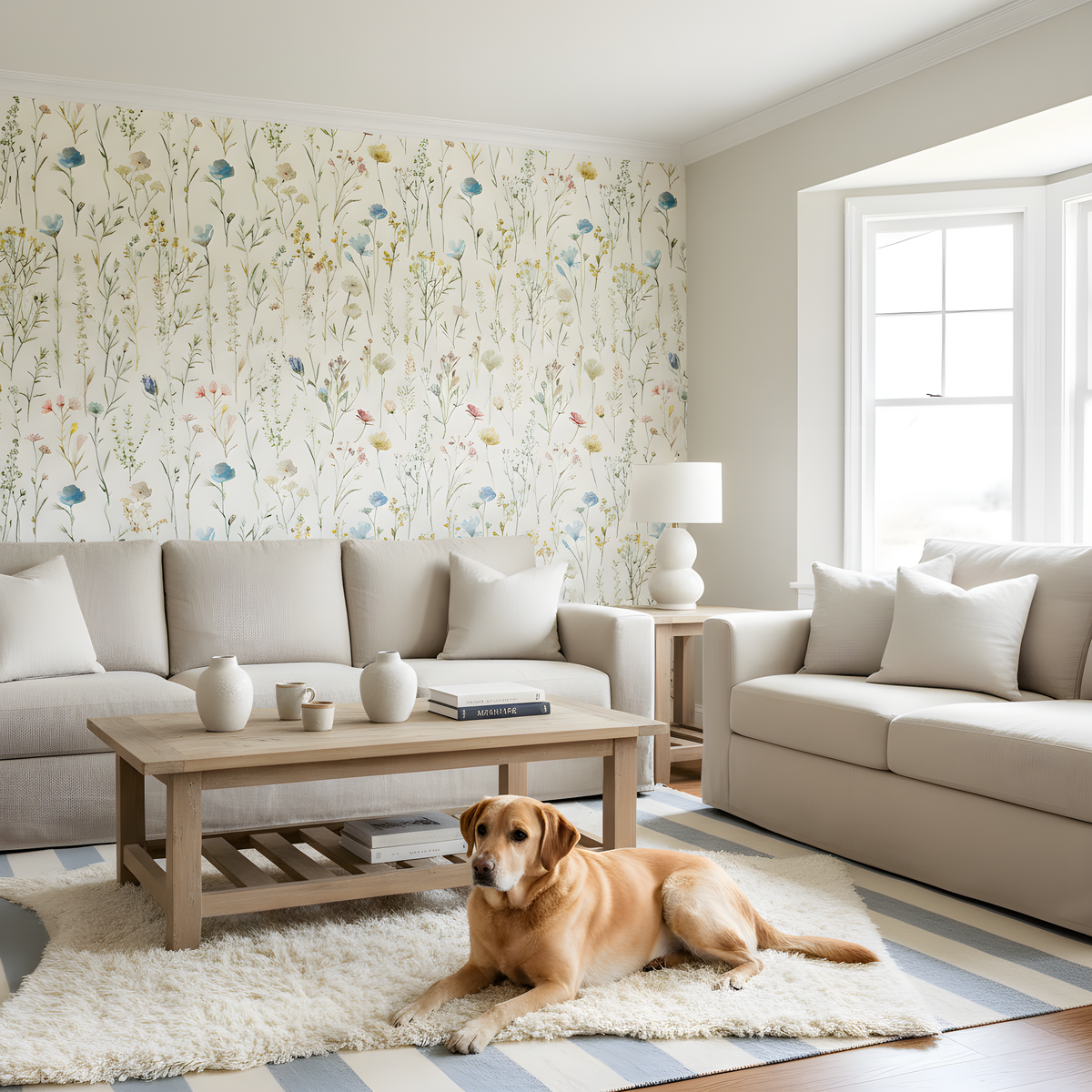Beige Wildflower Wallpaper | Watercolor Floral Pattern, Blue Yellow Botanical Peel and Stick Wallpaper, Neutral Bedroom Nursery Decor