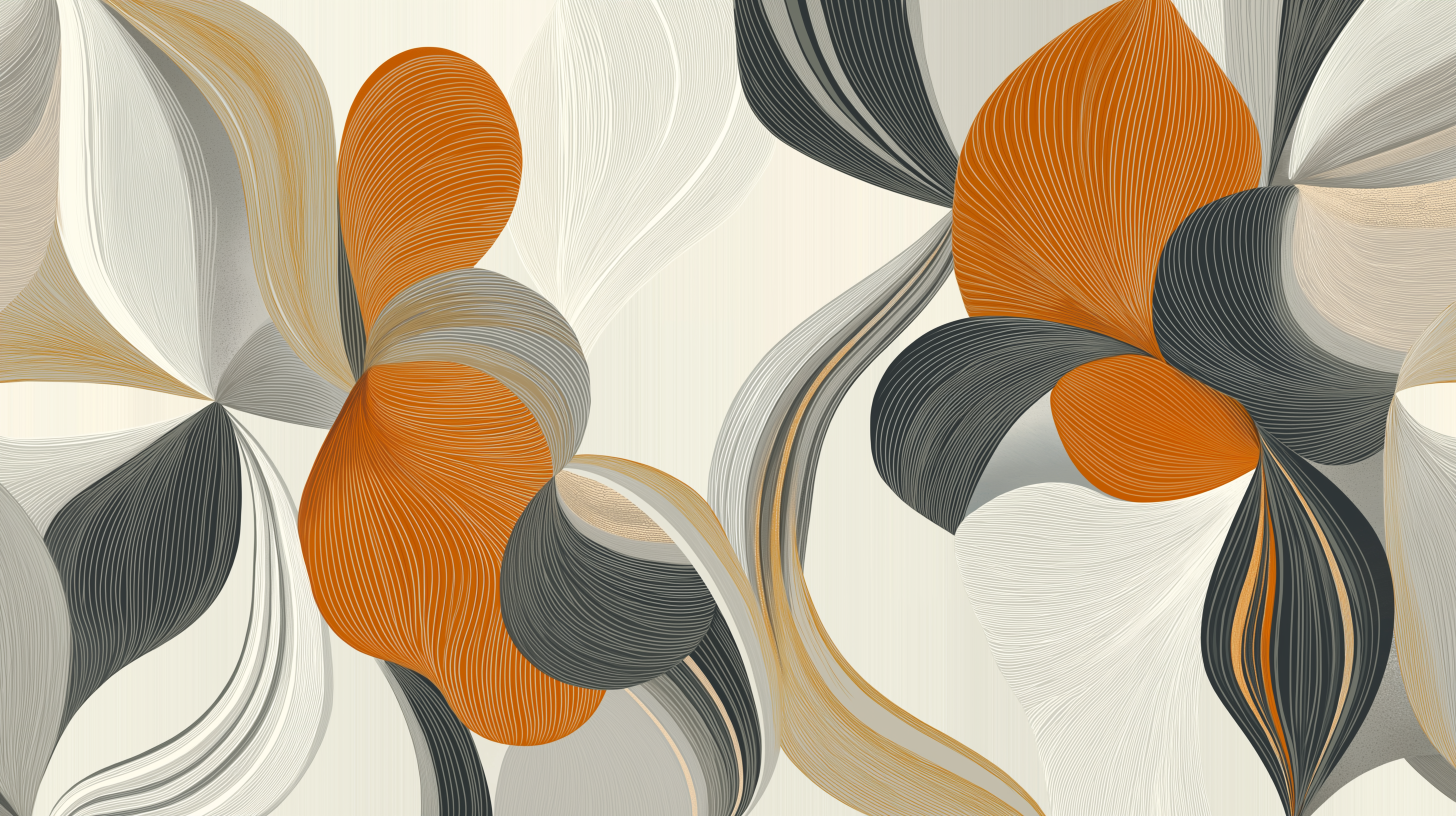 Abstract floral pattern with flowing curved shapes in earthy orange, gray, and beige tones, modern decorative background for design projects
