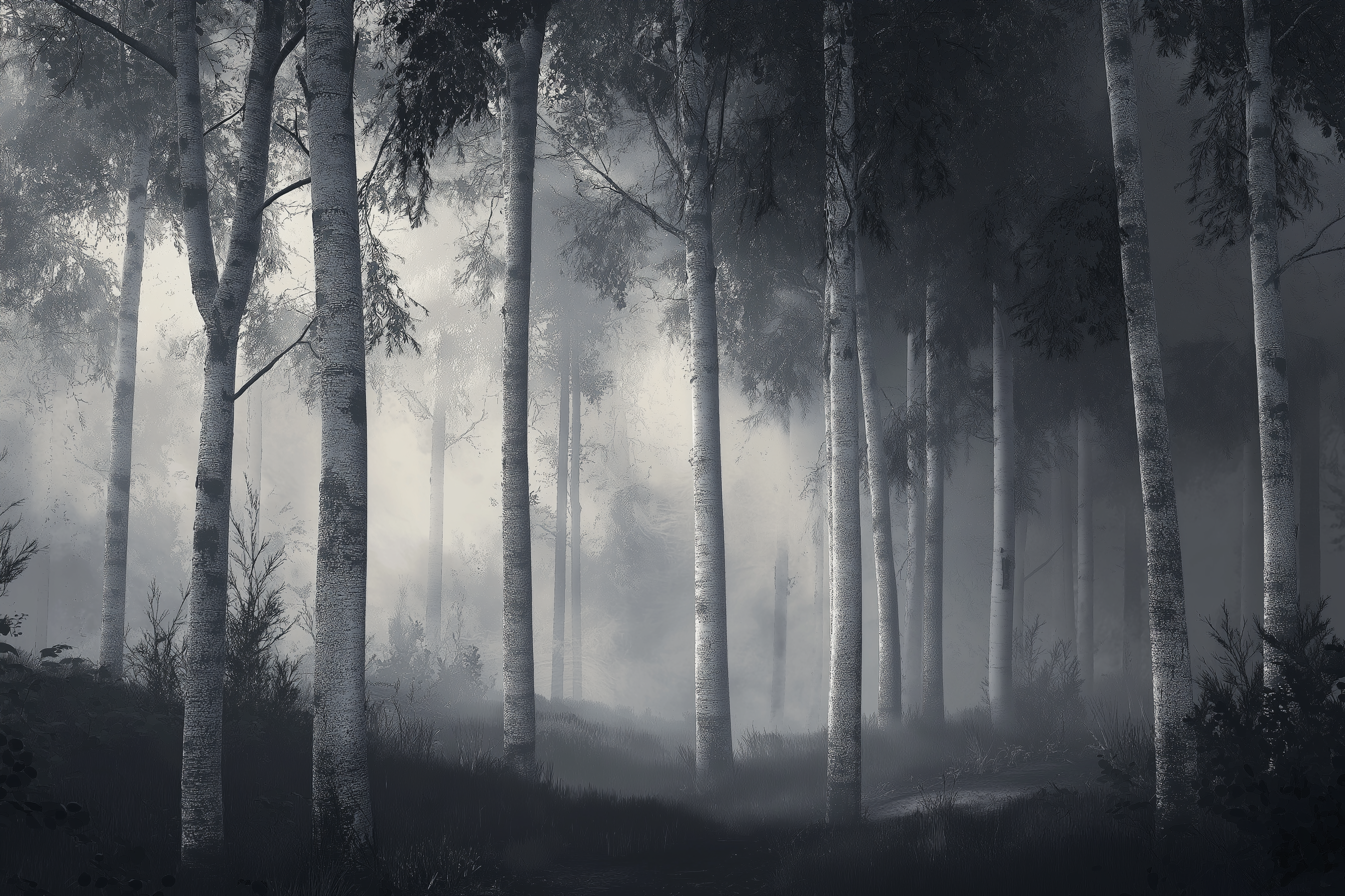 Forest Misty Trees Wallpaper – Nature Wall Decor, Woodland Scene, Black & White Aesthetic